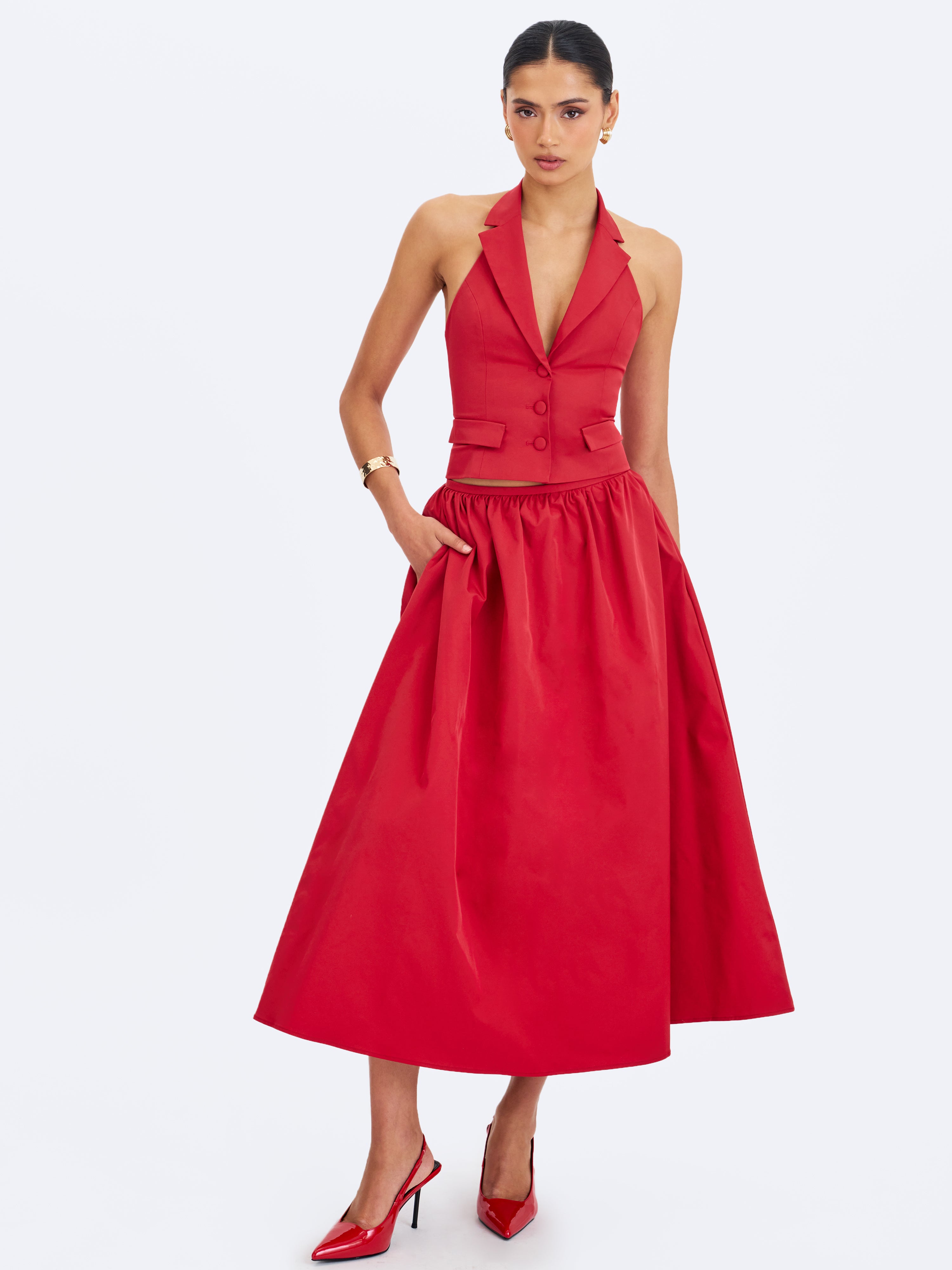 Ursel Crimson Gathered A-Line Midi Skirt