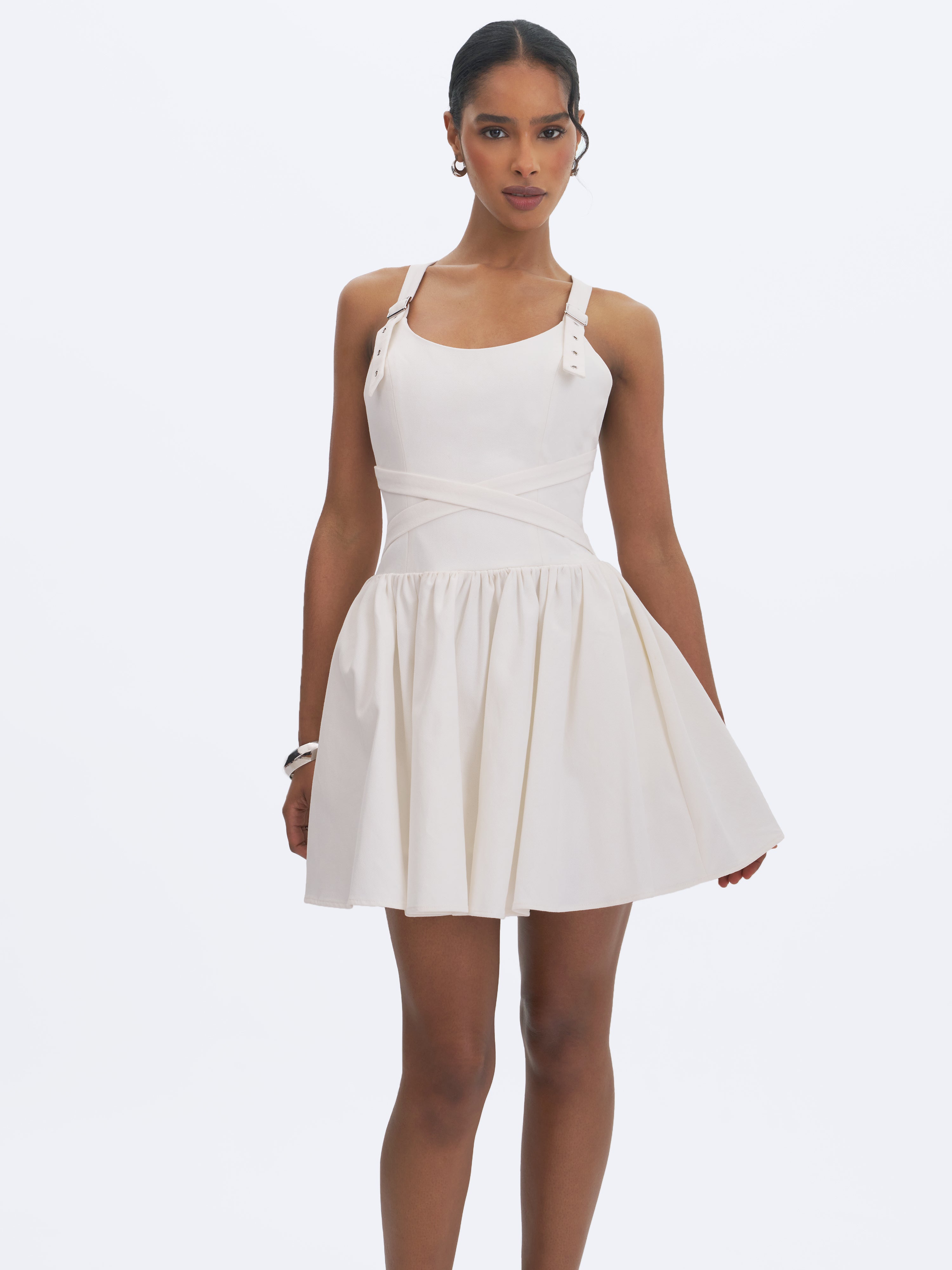 Francine White Cotton Denim Crossover Strap Mini Dress