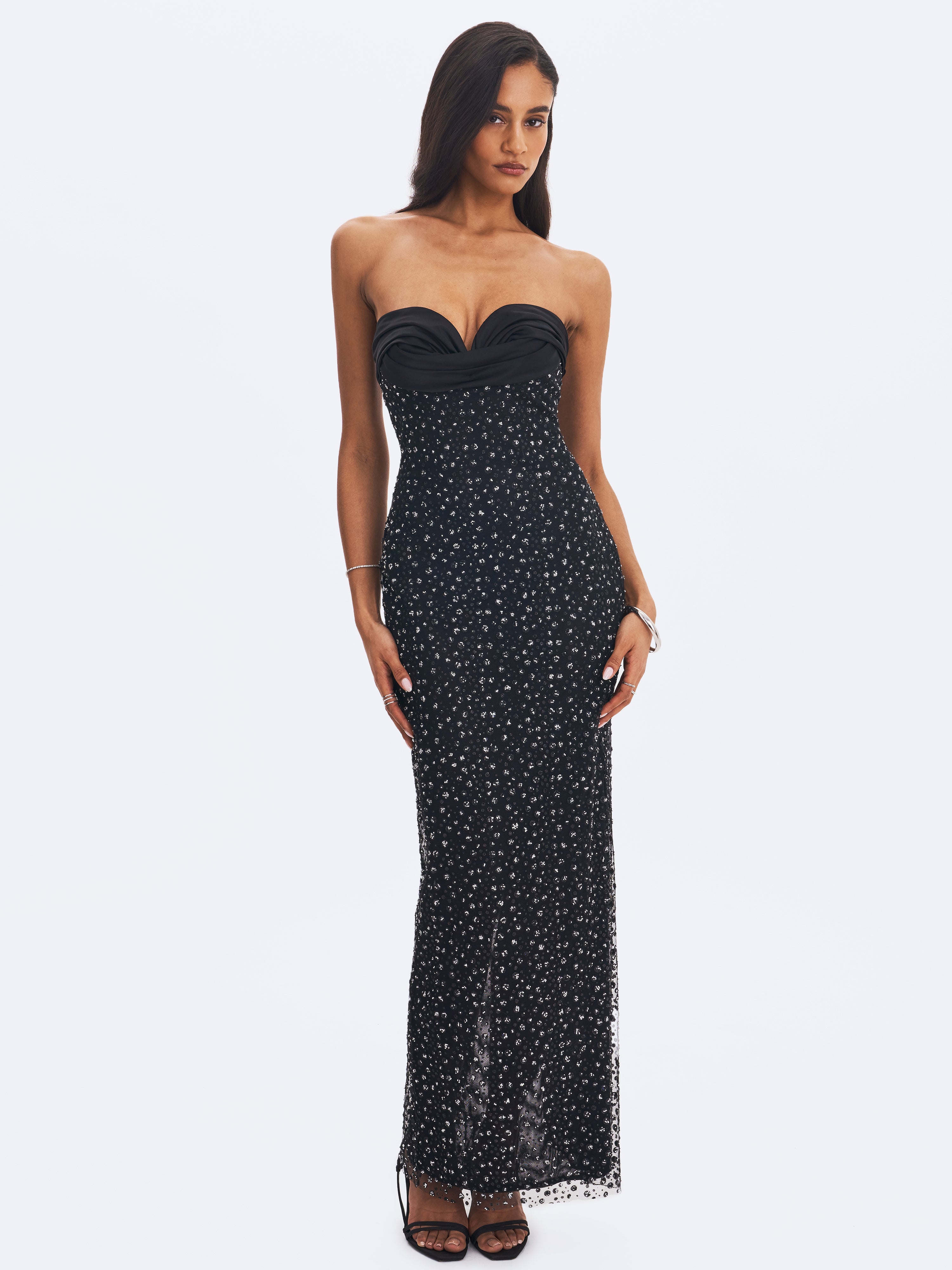 Preslie Black Satin & Crystal Mesh Sheath Maxi Dress