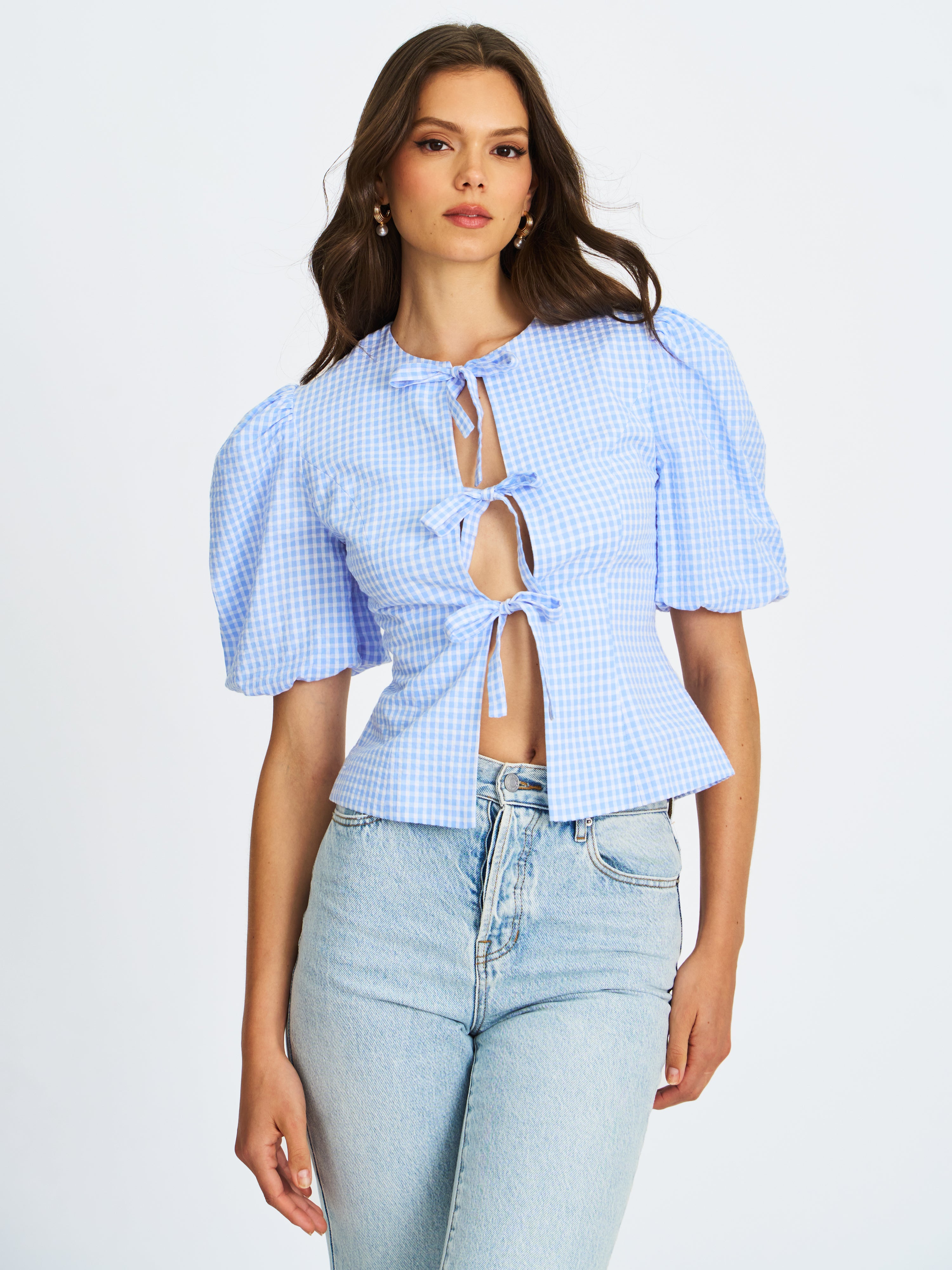 Qusayla Baby Blue Gingham Bubble Sleeve Bowtie Top