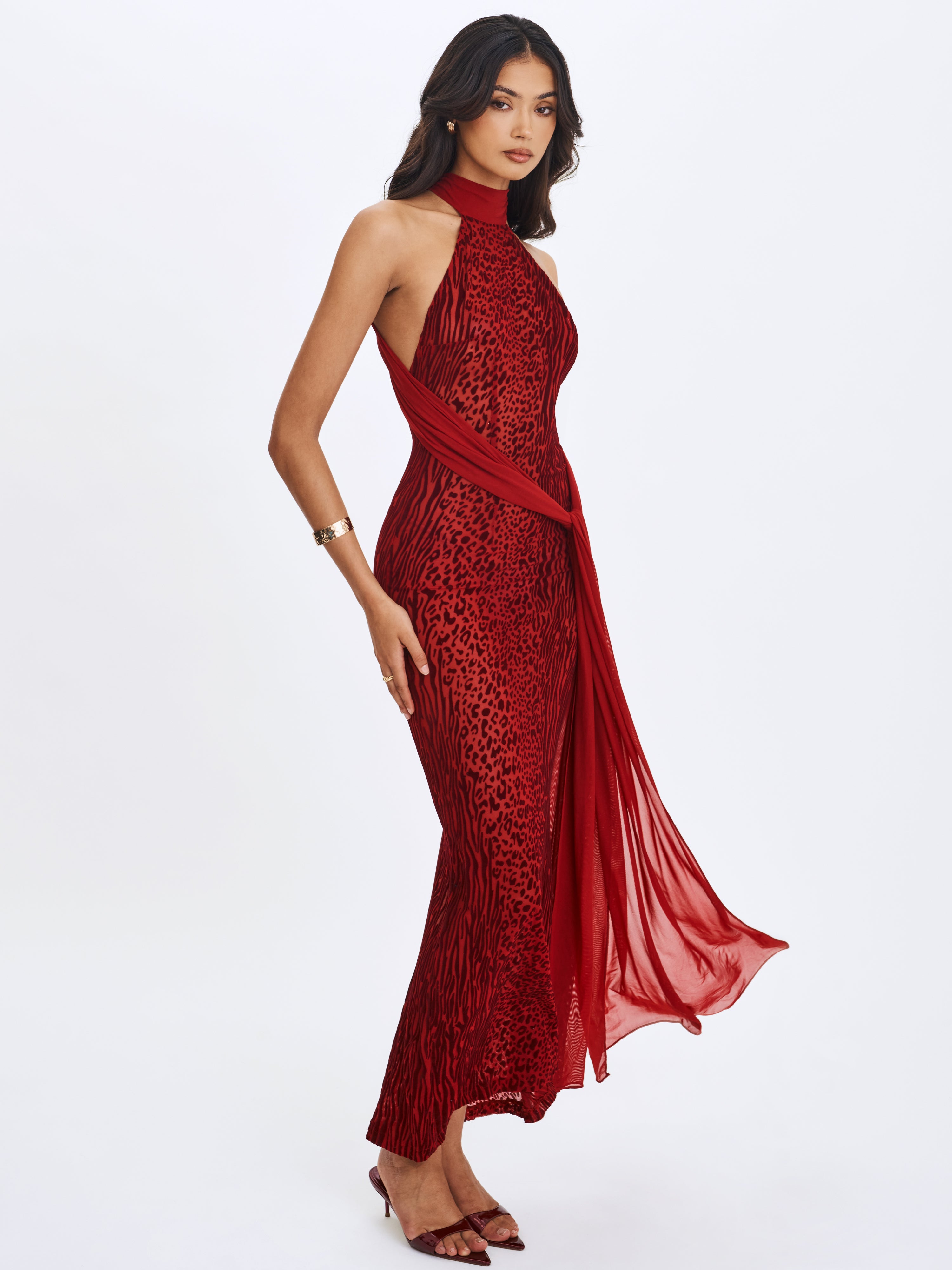 Cerise Scarlet Burnout Velvet Multiwear Mesh Ribbon Maxi Dress