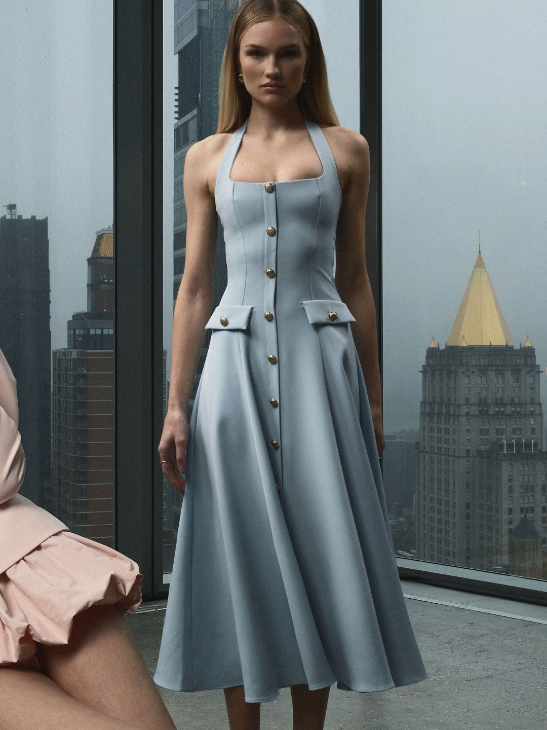 Gillian Mist Blue Halter A-Line Midi Dress