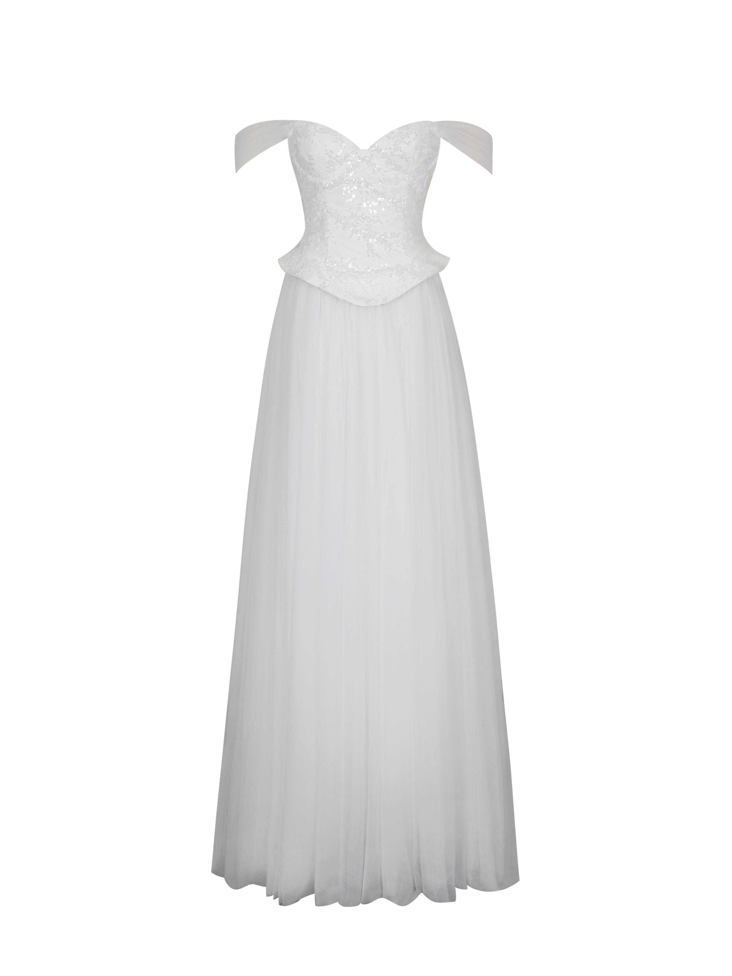 Jianna White Beaded Peplum Bardot Neckline Wedding Gown