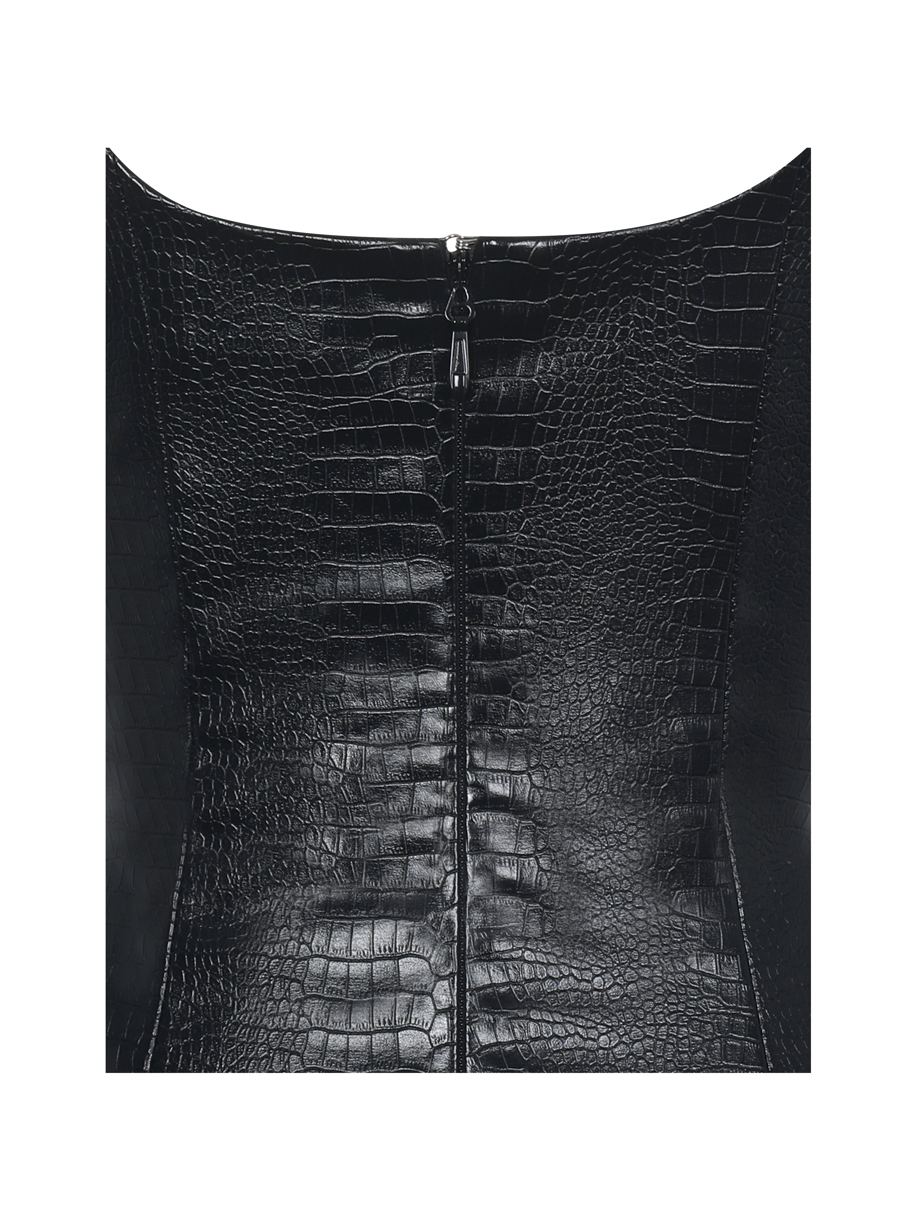 Quilia Black Vegan Crocodile Leather Plunge Mini Dress