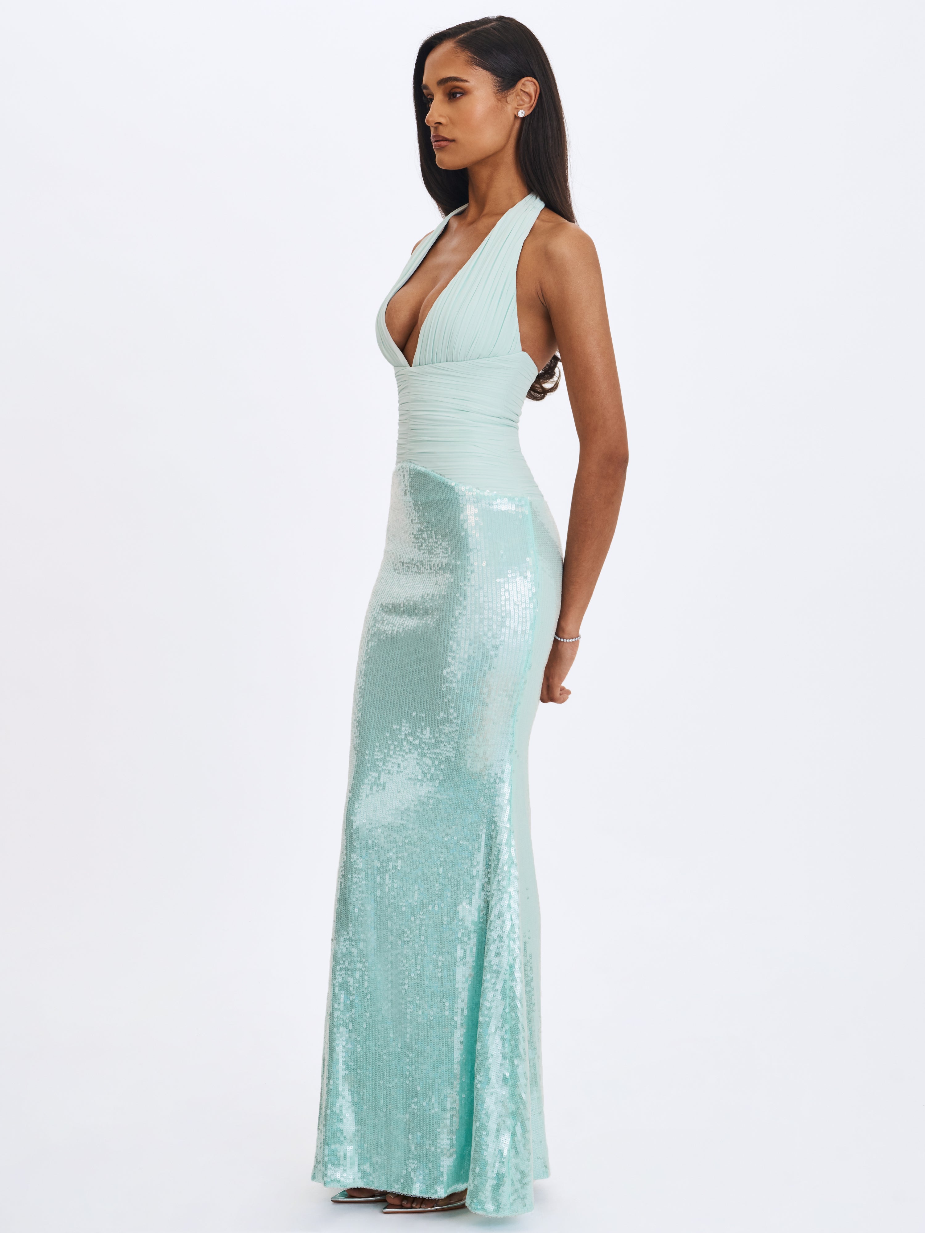 Wendale Mint Sequin Plunging Mermaid Maxi Dress