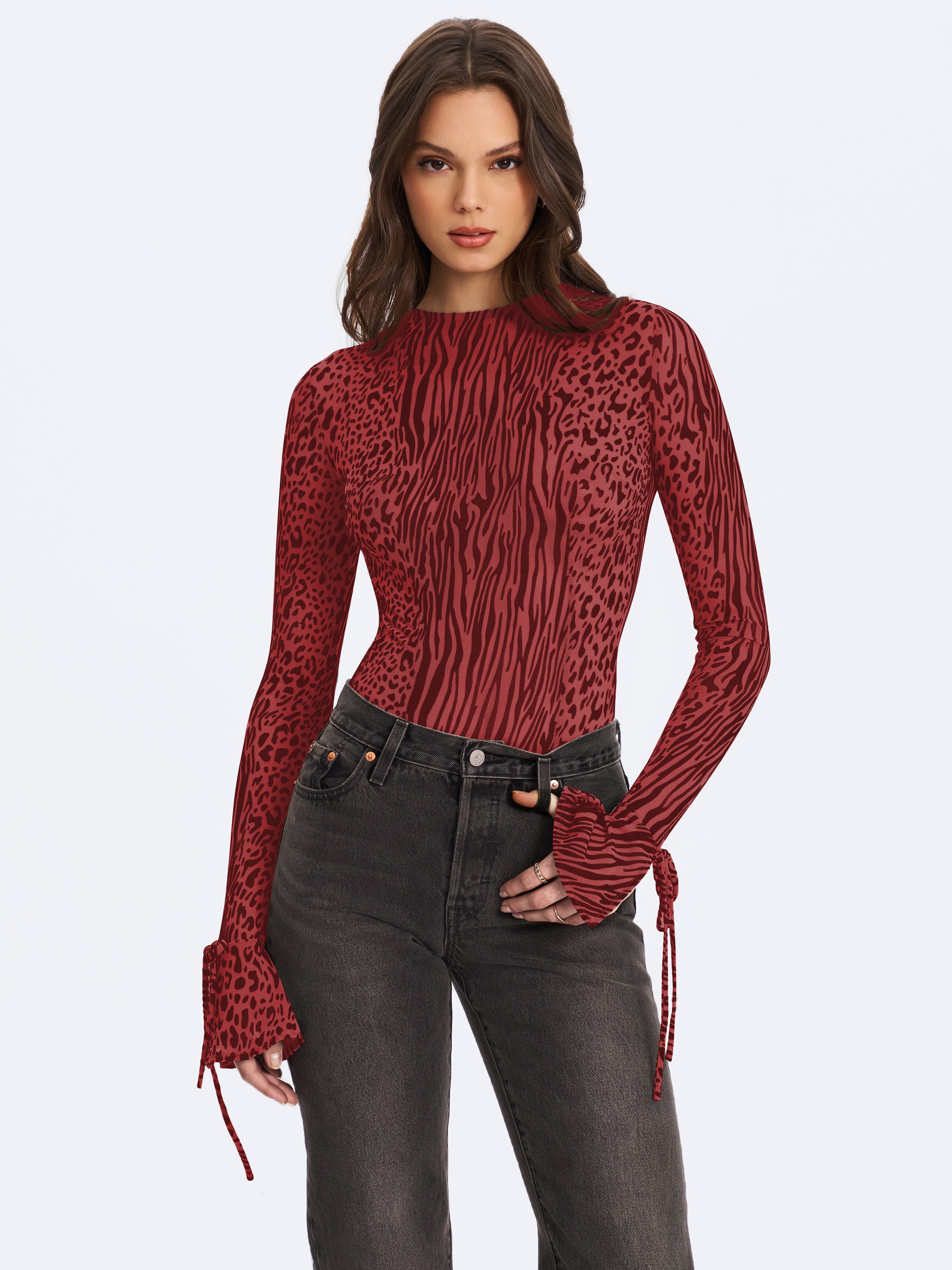 Ibera Burgundy Animal Print Burnout Velvet Long Sleeve Bodysuit