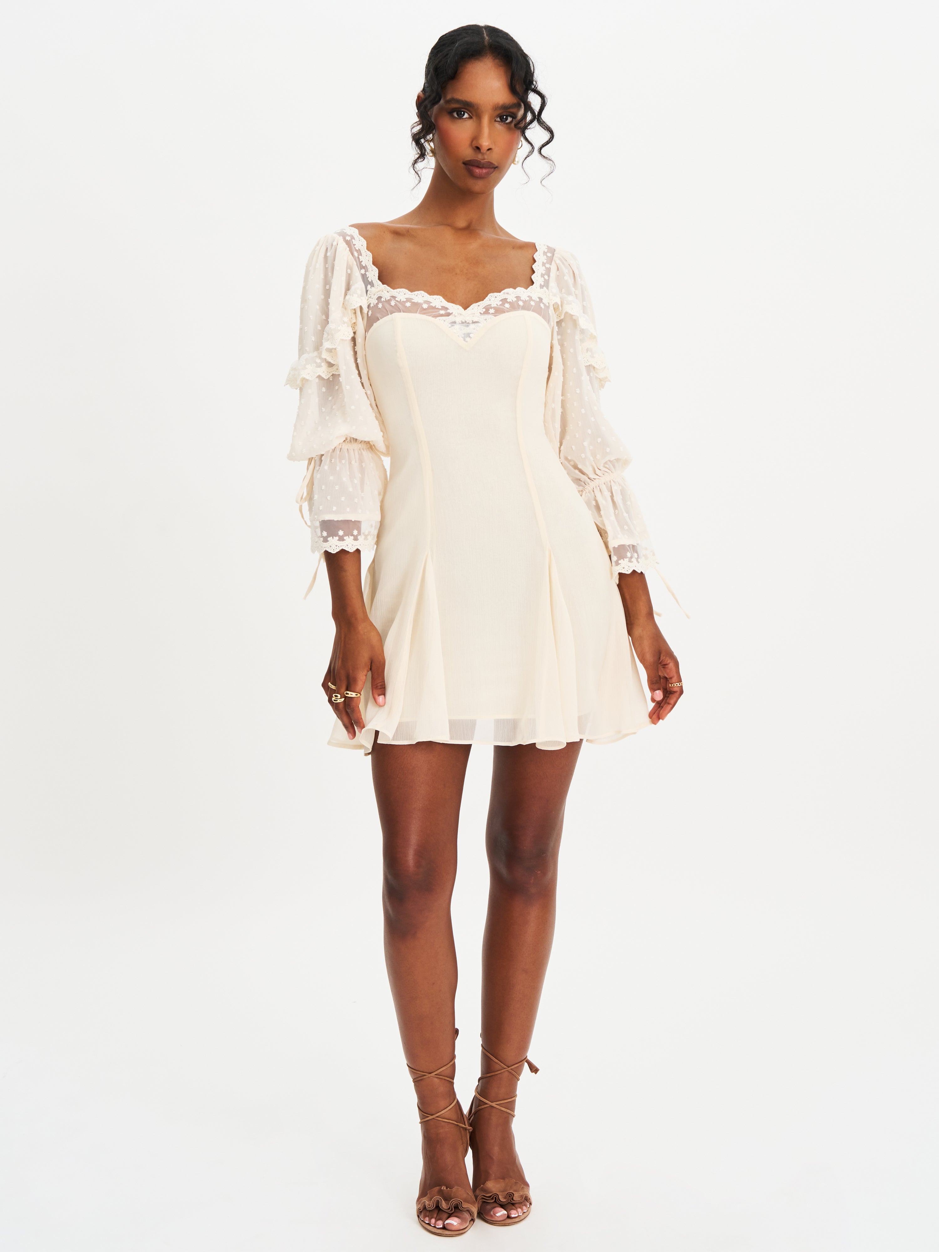 theredthread S cutting lace dress wh×bk Zakira Lace Trim Half Sleeve Mini Dress (Archive Sale)