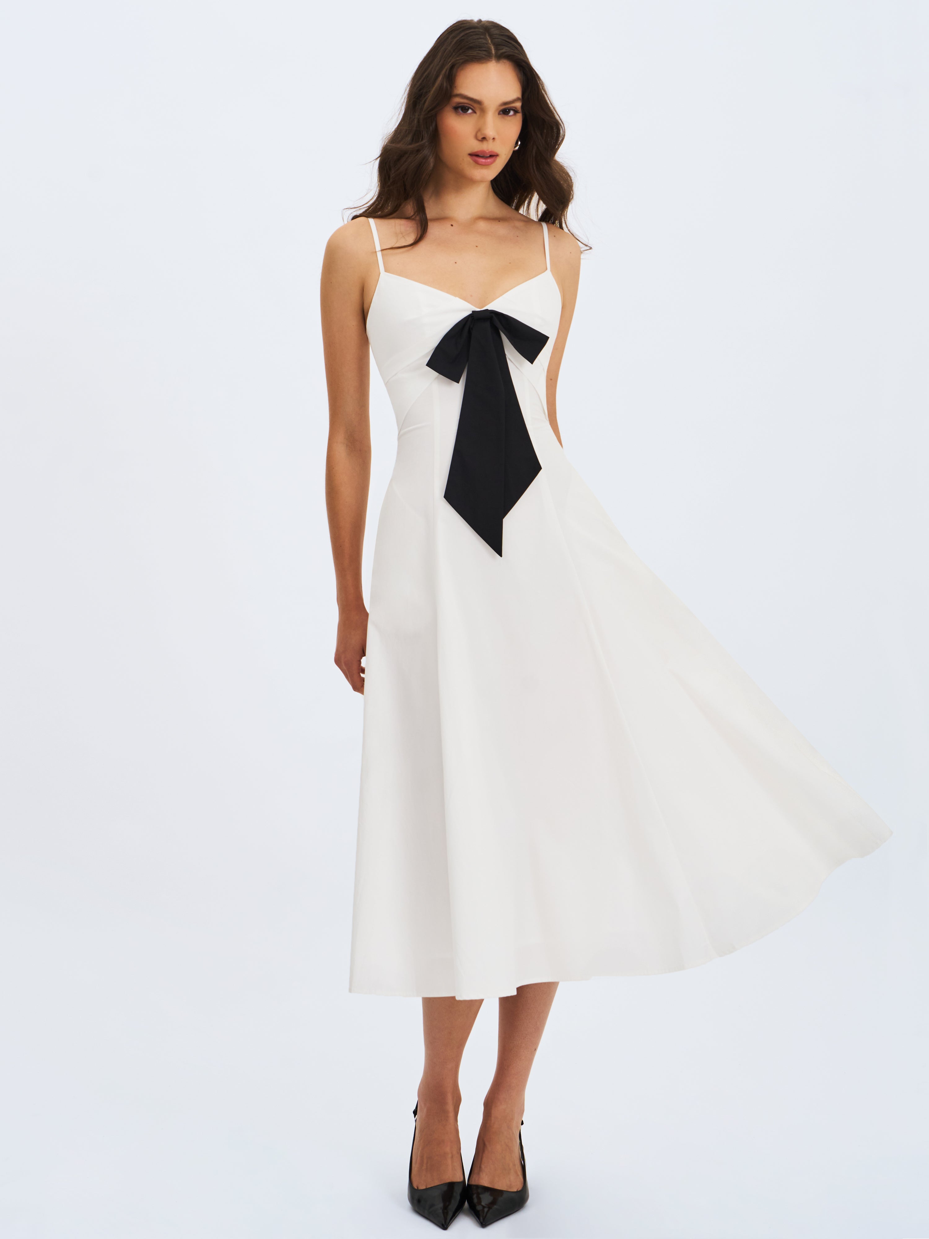Corinne White Poplin Flared Maxi Dress with Removable Bow
