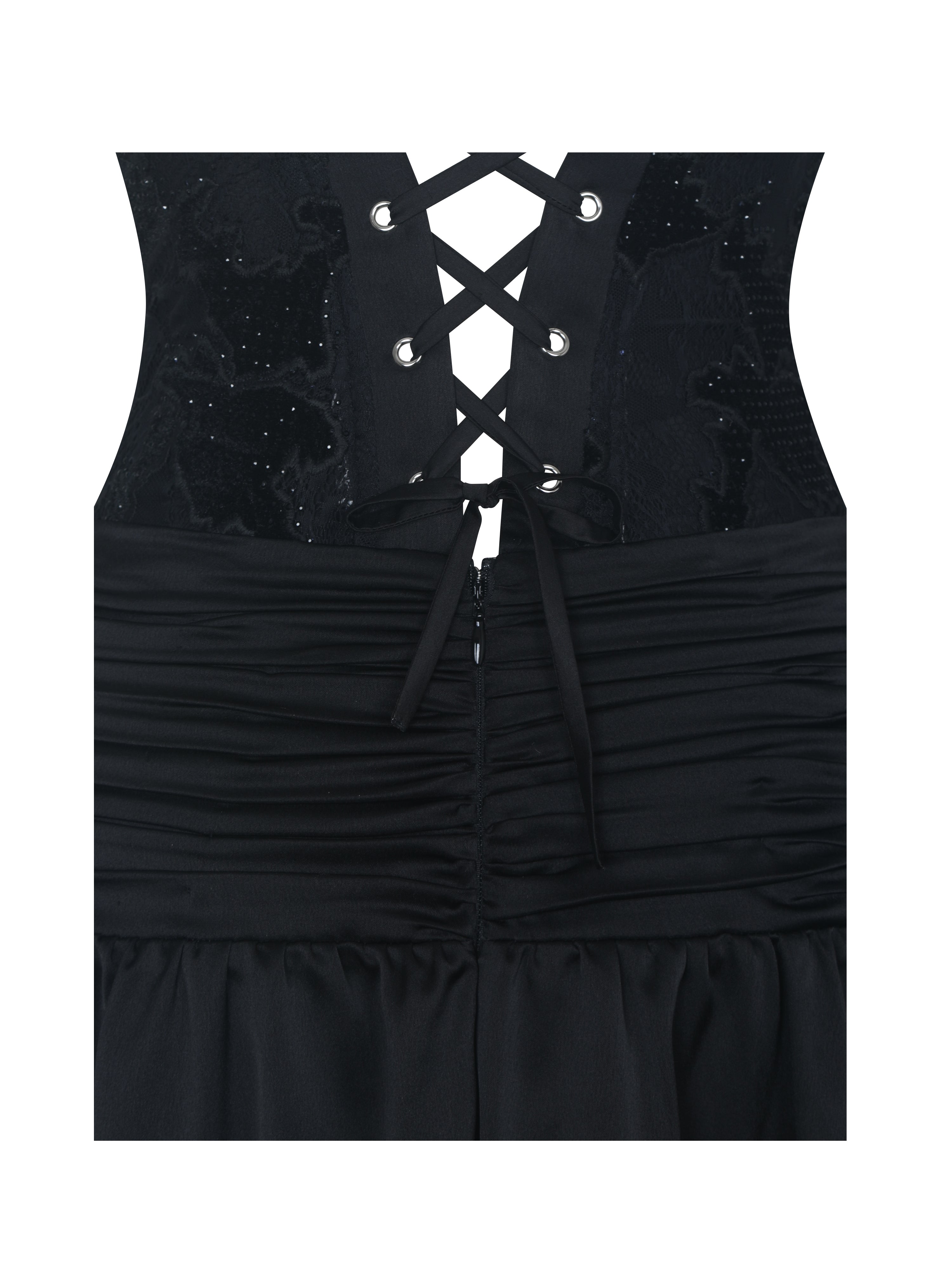 Yoseline Black Velvet Lace Cutout Asymmetrical Satin Midi Dress