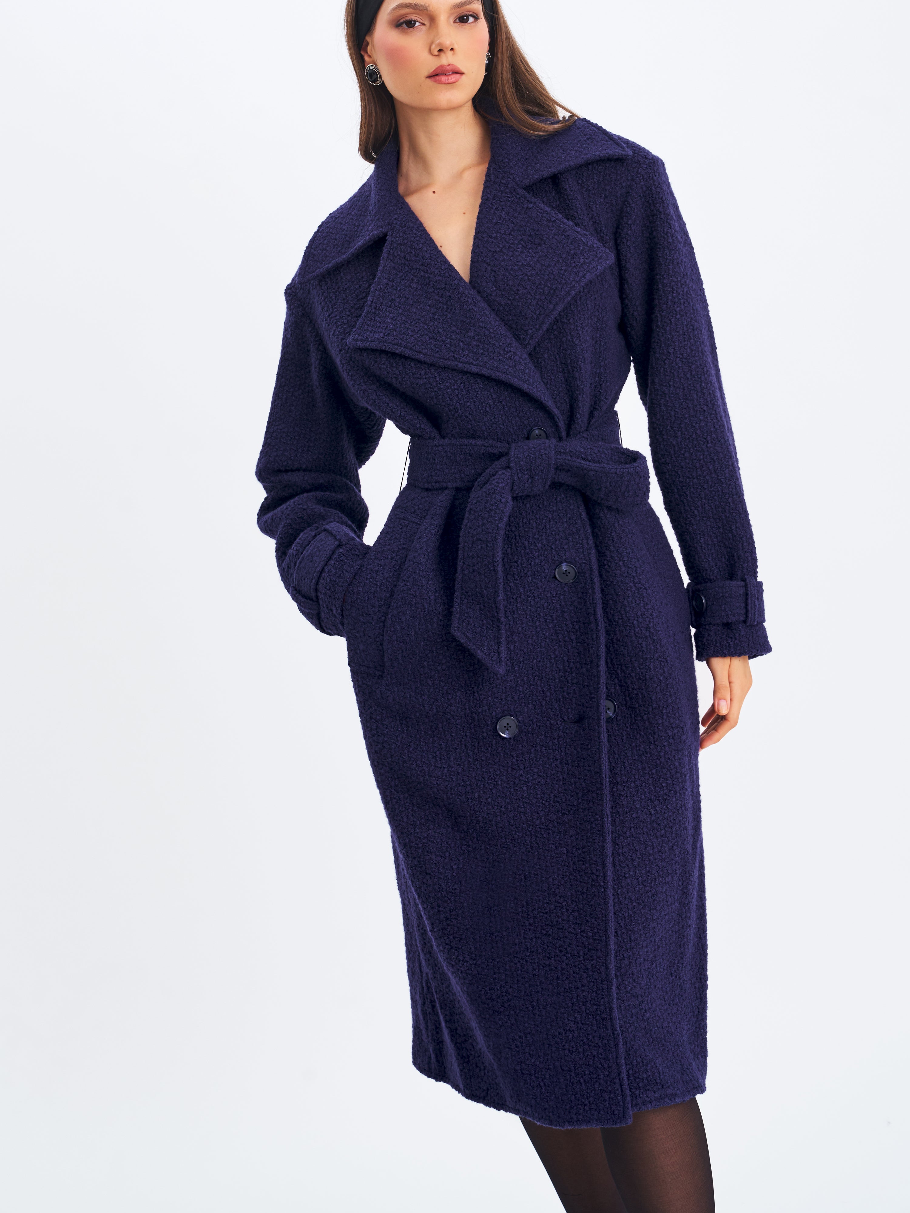 Jaelyn Midnight Blue Wool Blend Double-Breasted Belted Coat