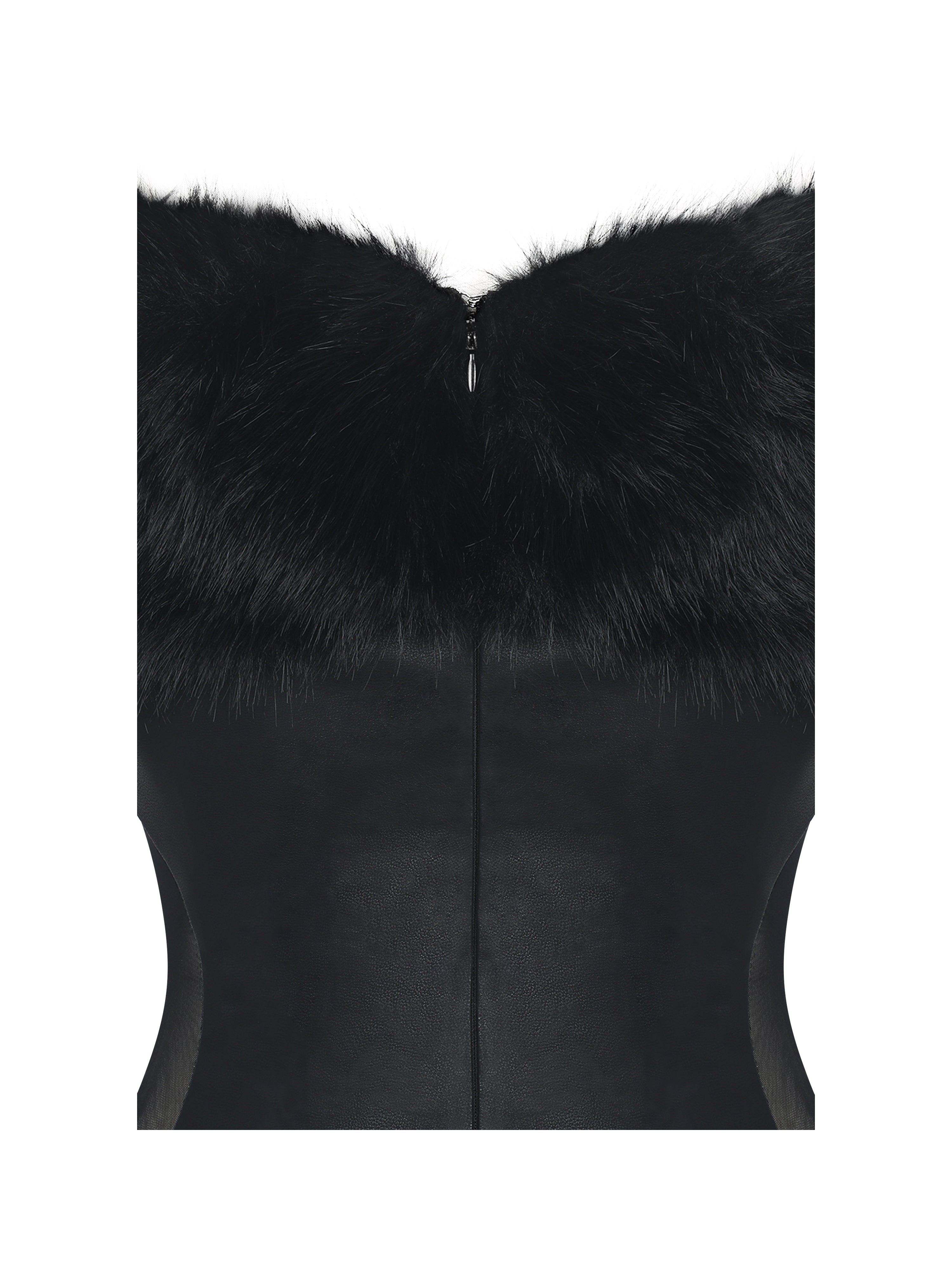 Bellis Black Fur Trim Mesh Panel Off-Shoulder Midi Dress