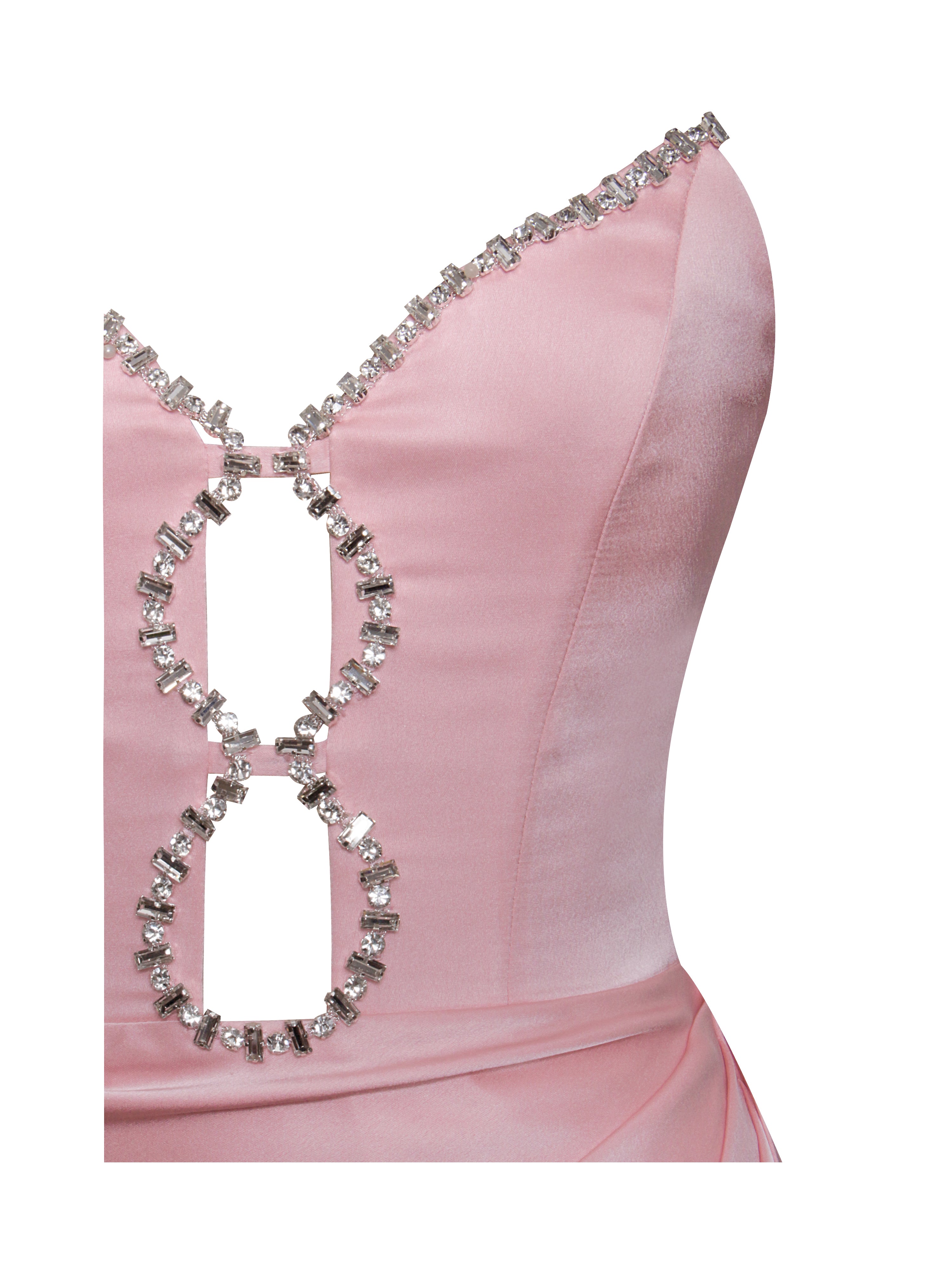 Marilyn Pink Satin Crystal Embellished High Slit Gown (Archive Sale) Marilyn Pink Satin Crystal Embellished High Slit Gown (Archive Sale)