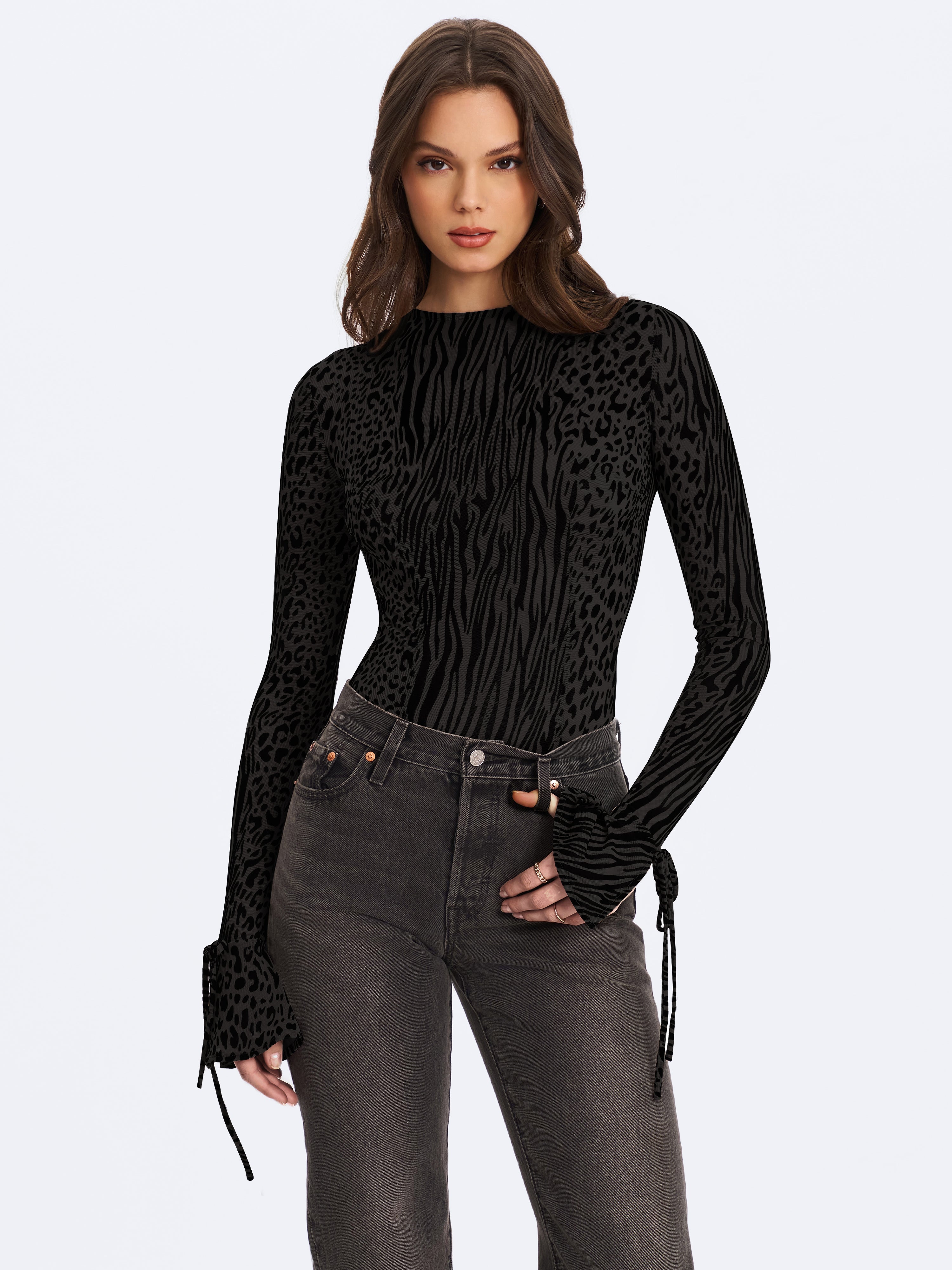 Ibera Black Animal Print Burnout Velvet Long Sleeve Bodysuit