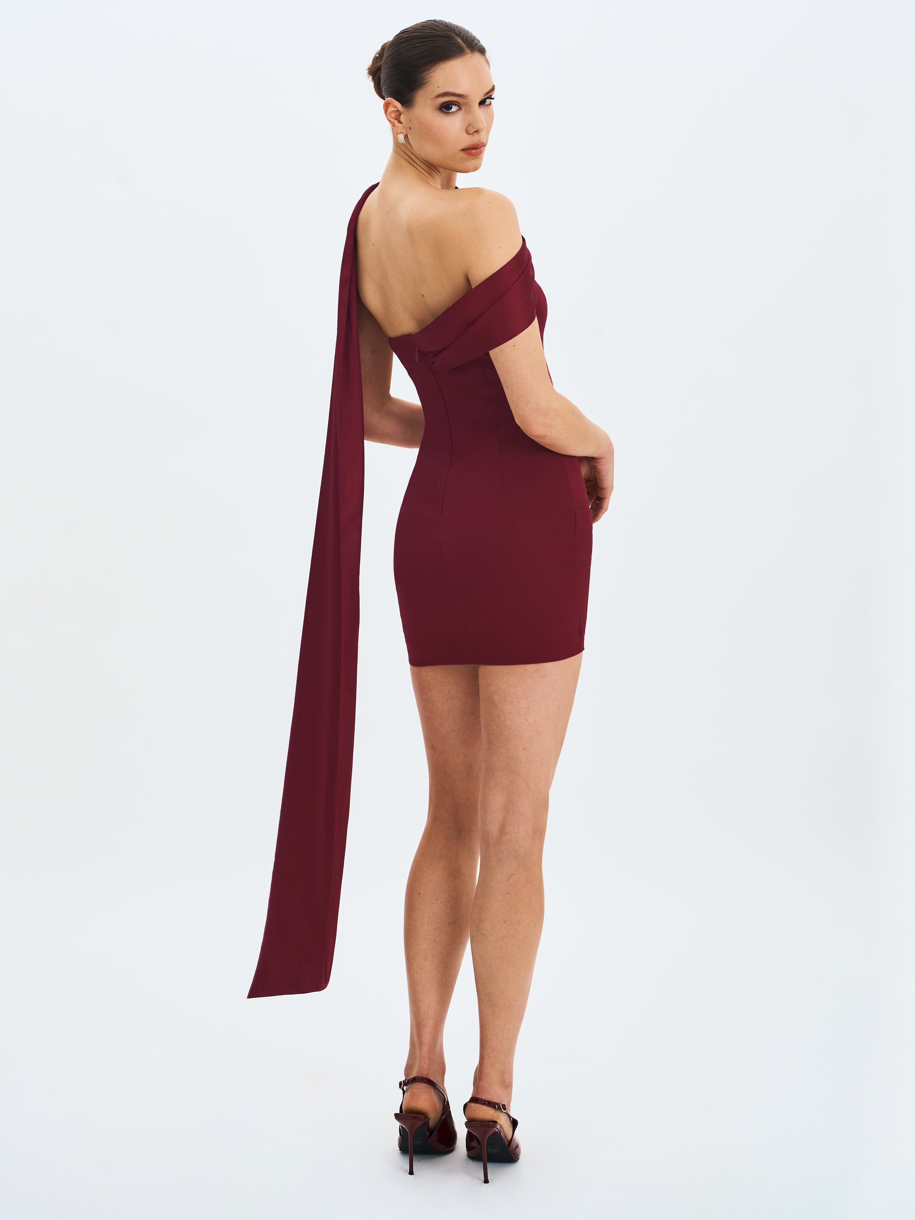 Ovelia Crimson Satin Ribbon Strapless Mini Dress