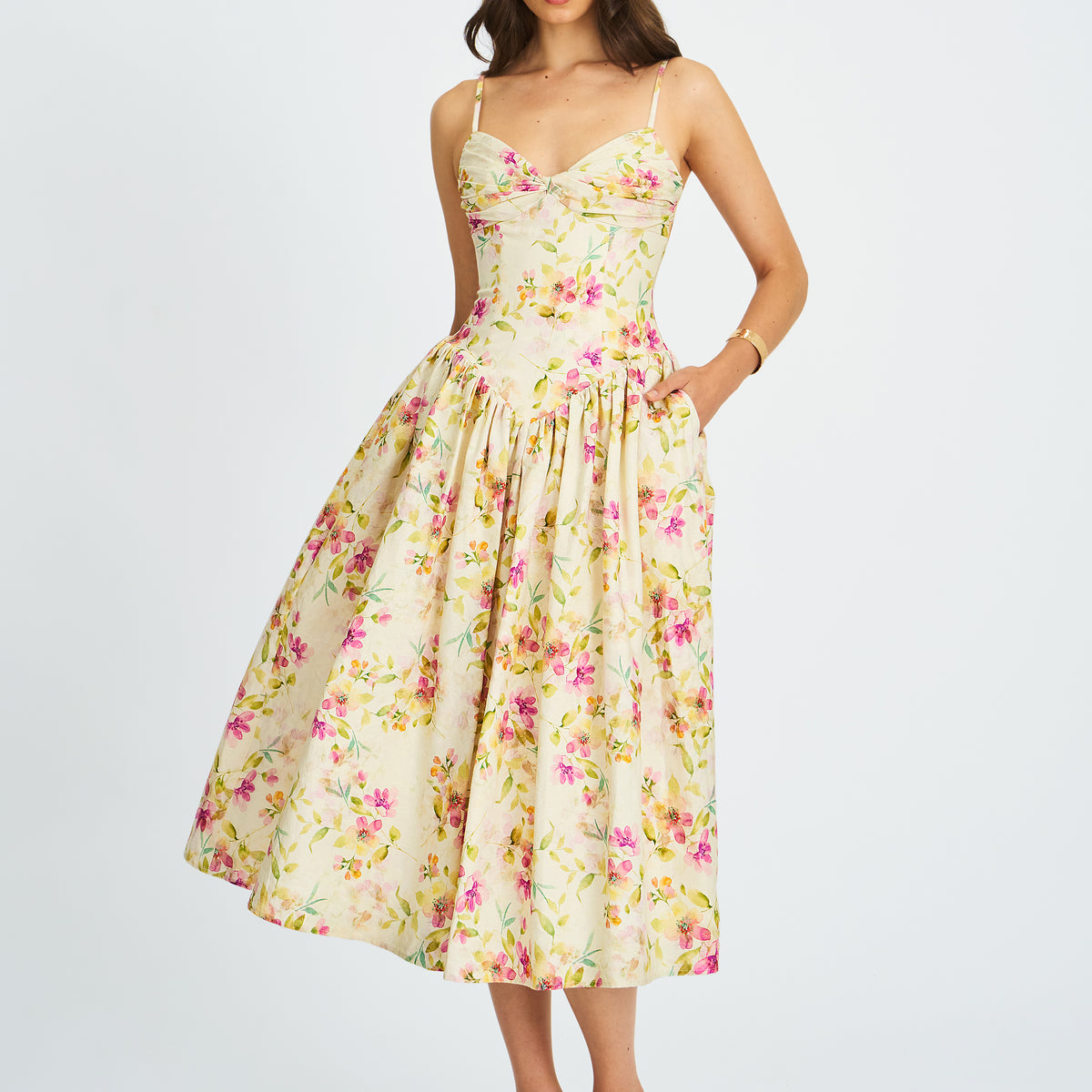 Jacinda Yellow Floral Print Linen Midi Dress XL / US 12-14 Jacinda Yellow Floral Print Linen Midi Dress XL / US 12-14