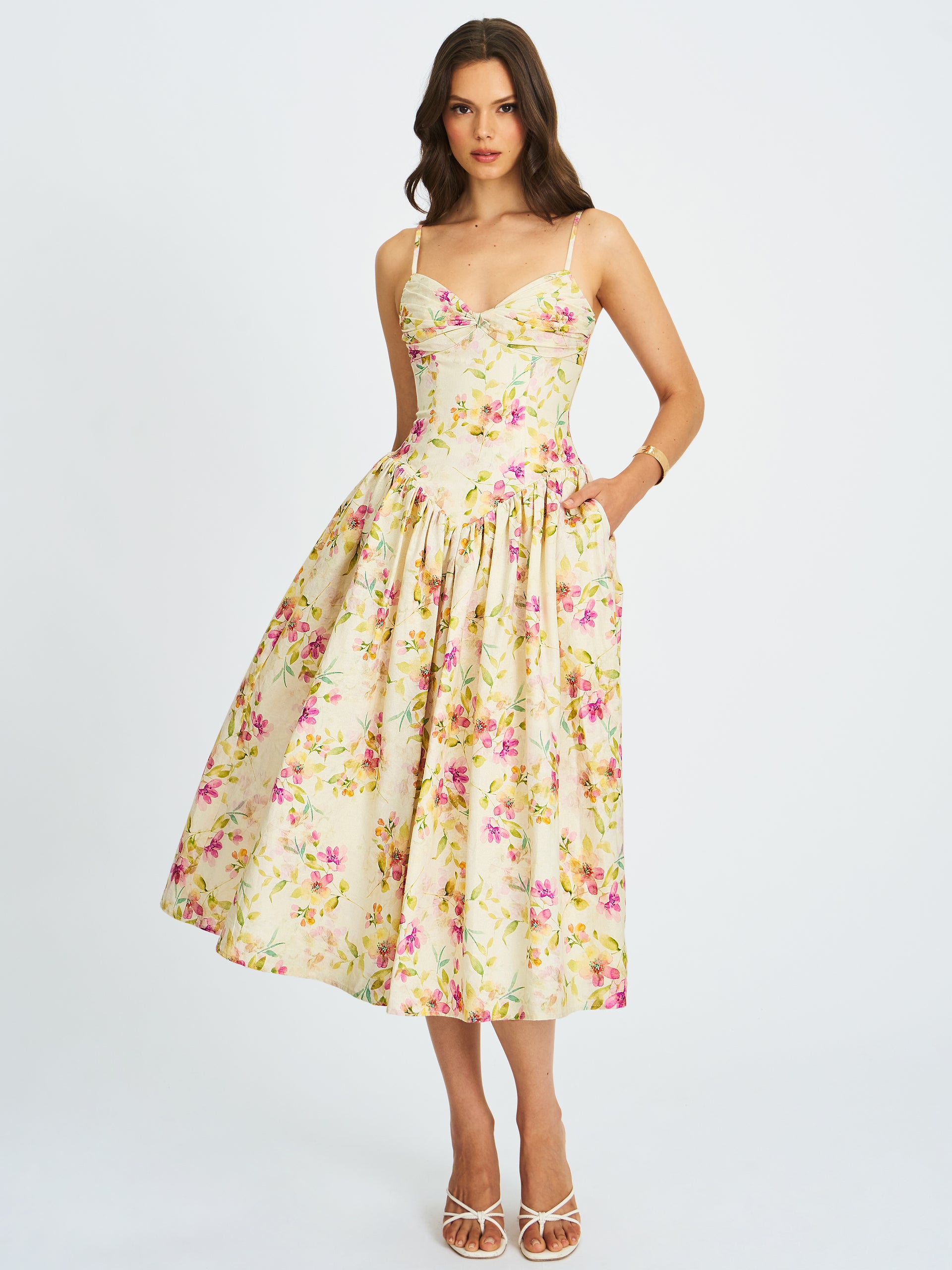 yellow floral formal dress Jacinda Yellow Floral Print Linen Midi Dress