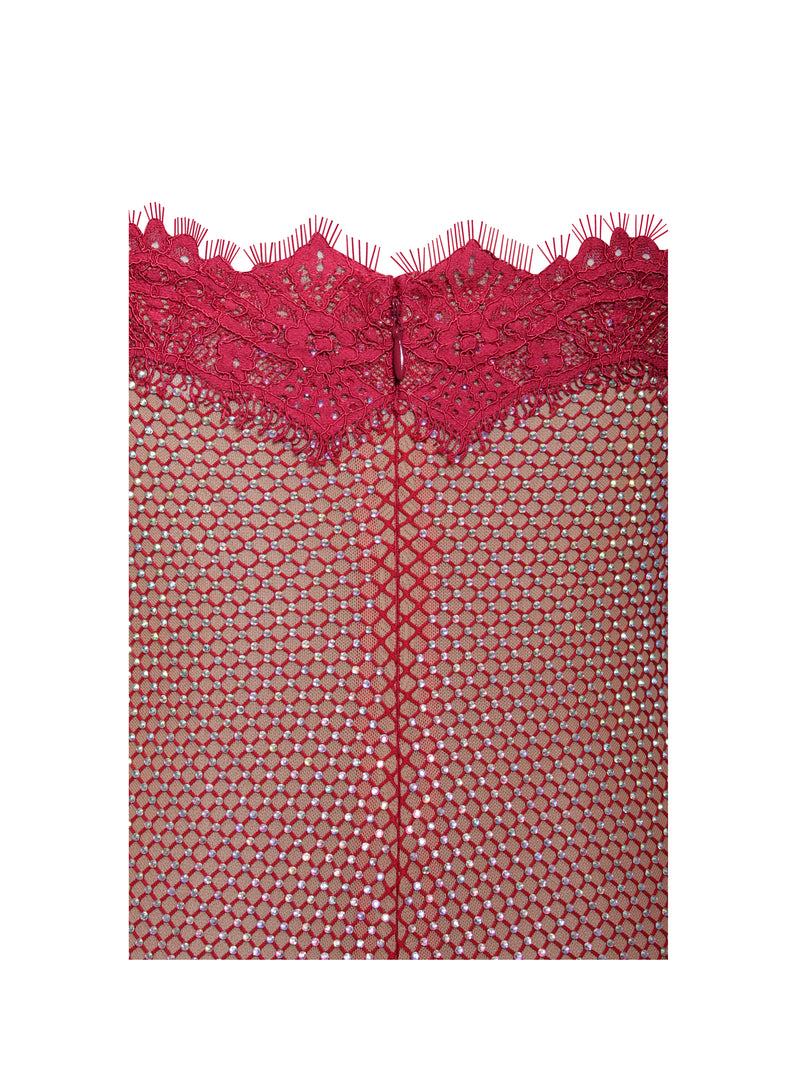 Remi Burgundy Mesh Rhinestone Lace Mini Dress