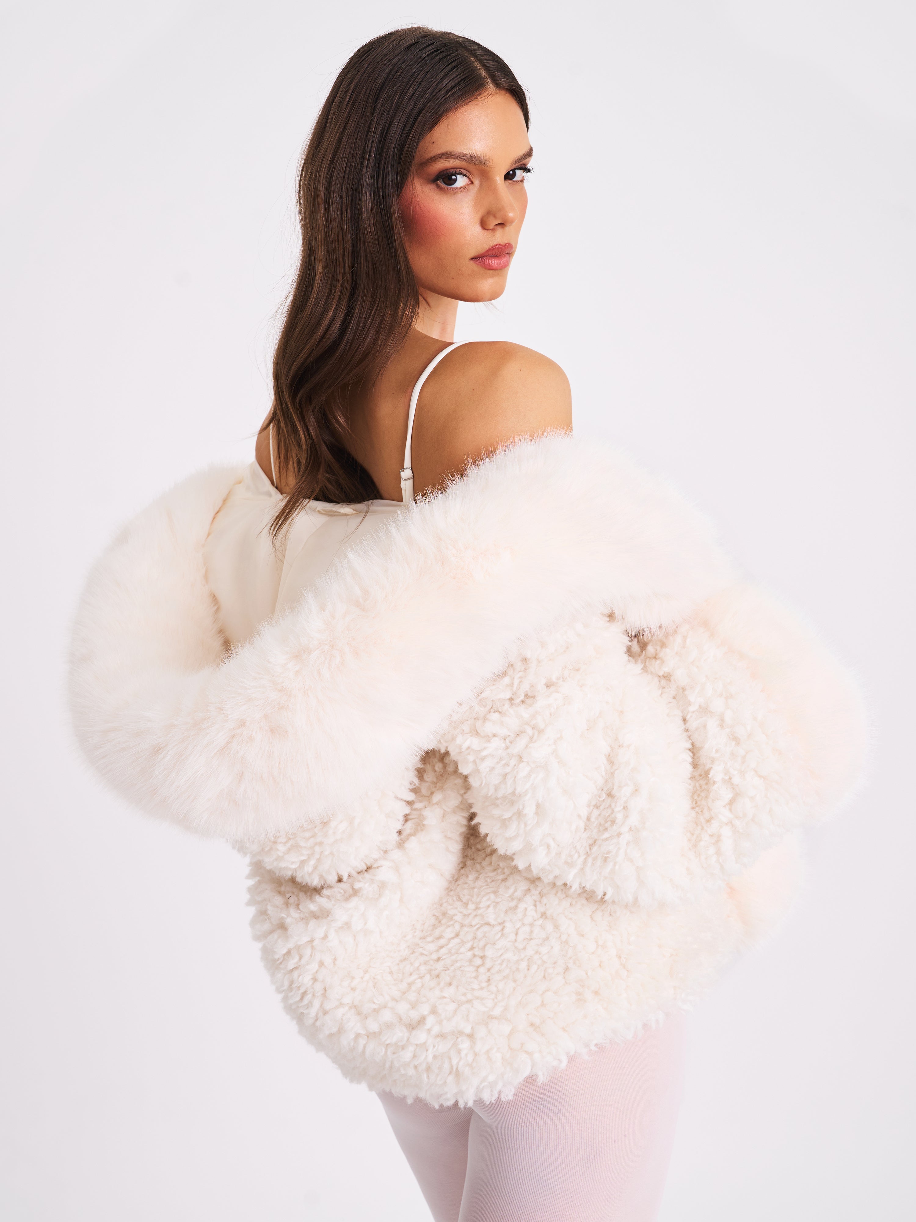 Jumbo Kali White Vegan Shearling Fur Trimmed Coat