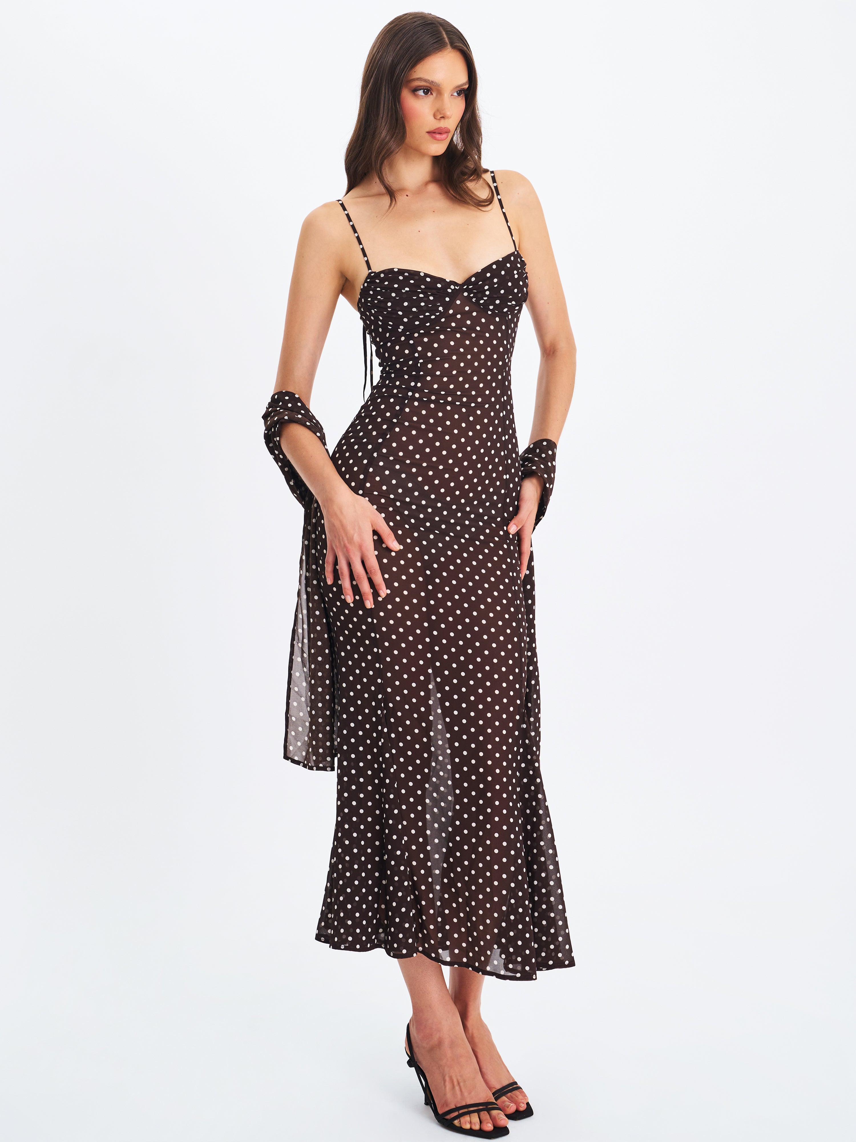 Yadira Brown Base Polka Dot Chiffon Maxi Dress