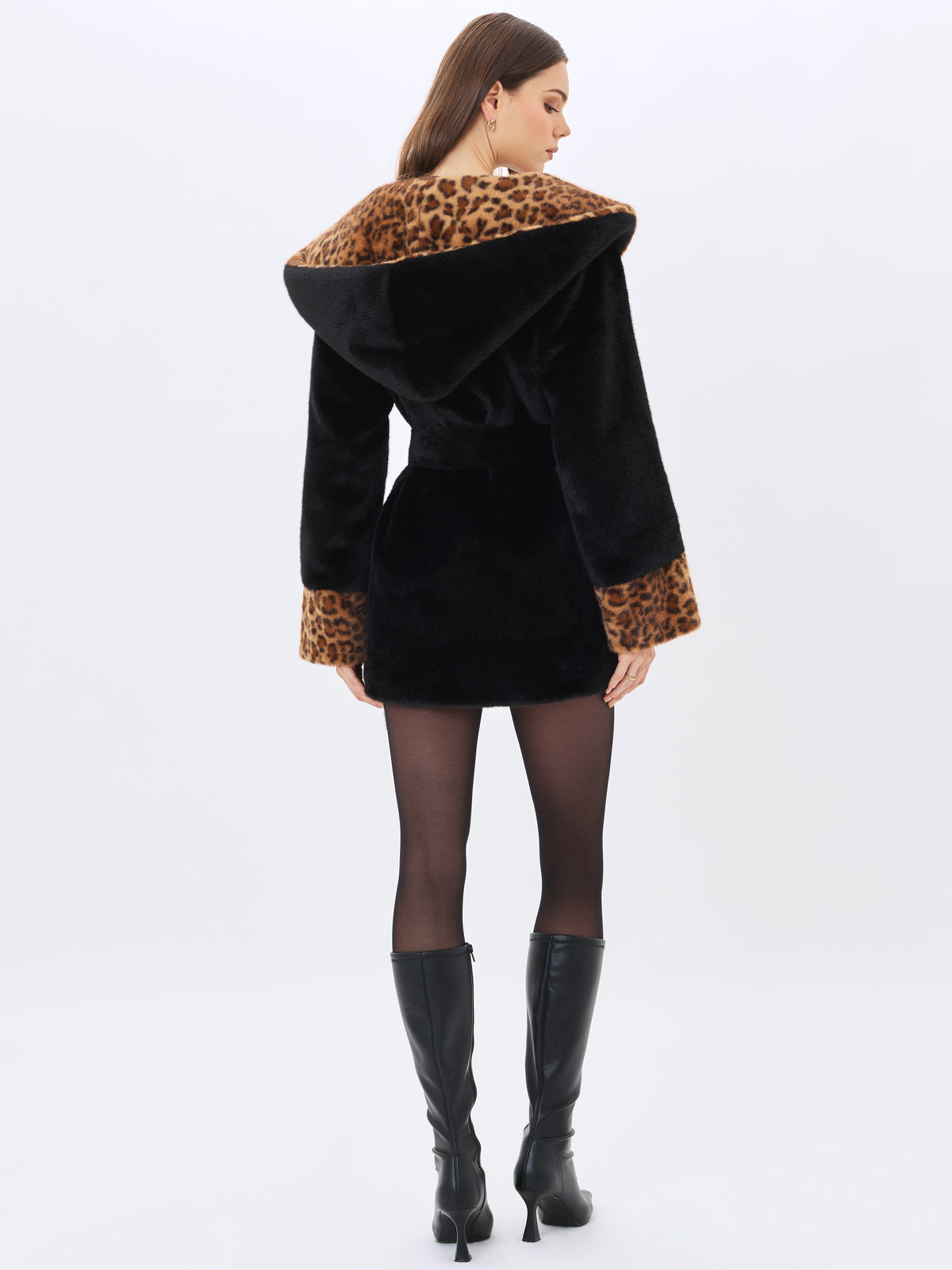 Bianca Black Faux Fur Cheetah Print Oversized Hood Mini Coat