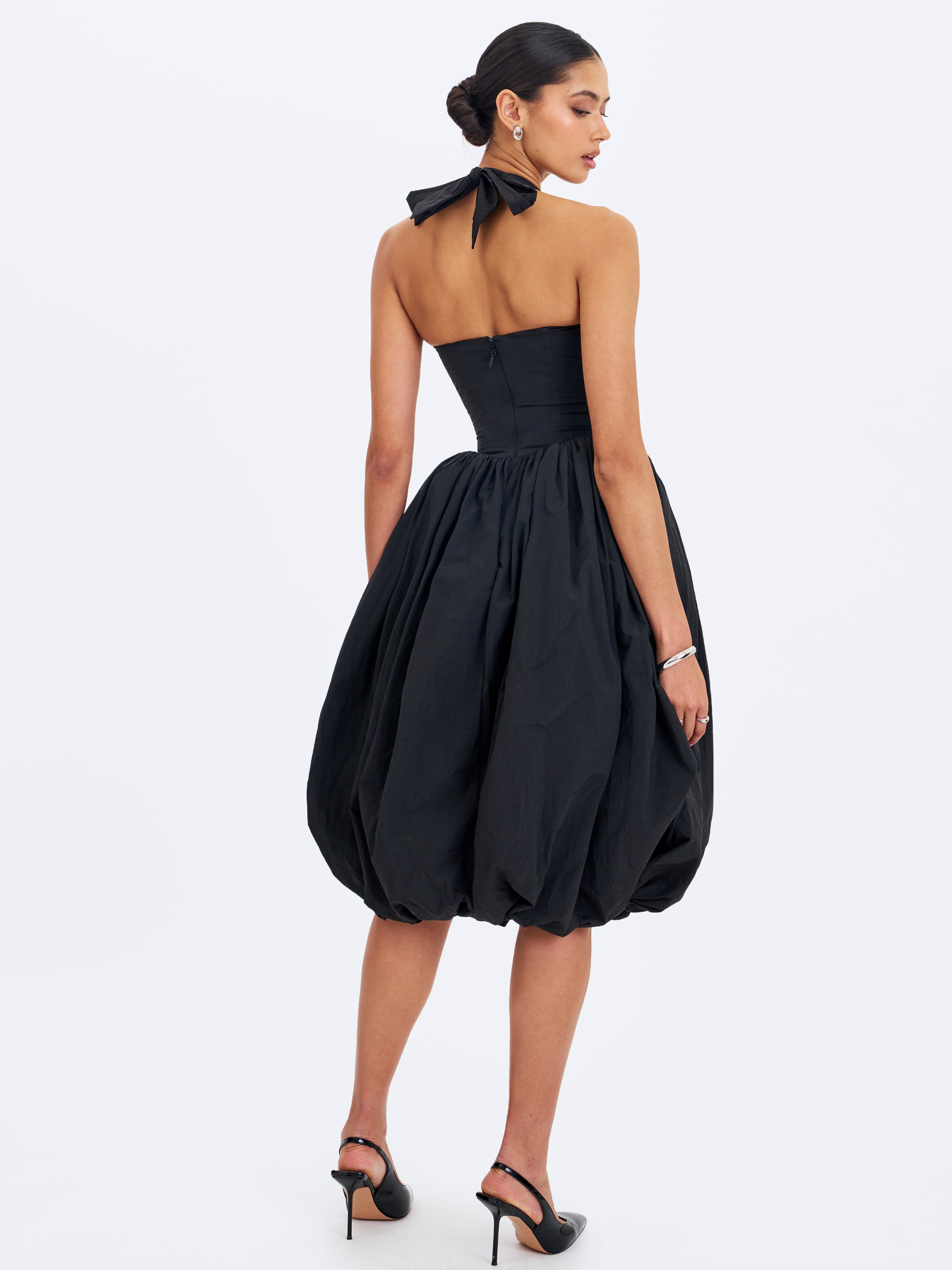 Veradis Black Taffeta Halter Bubble-Hem Midi Dress