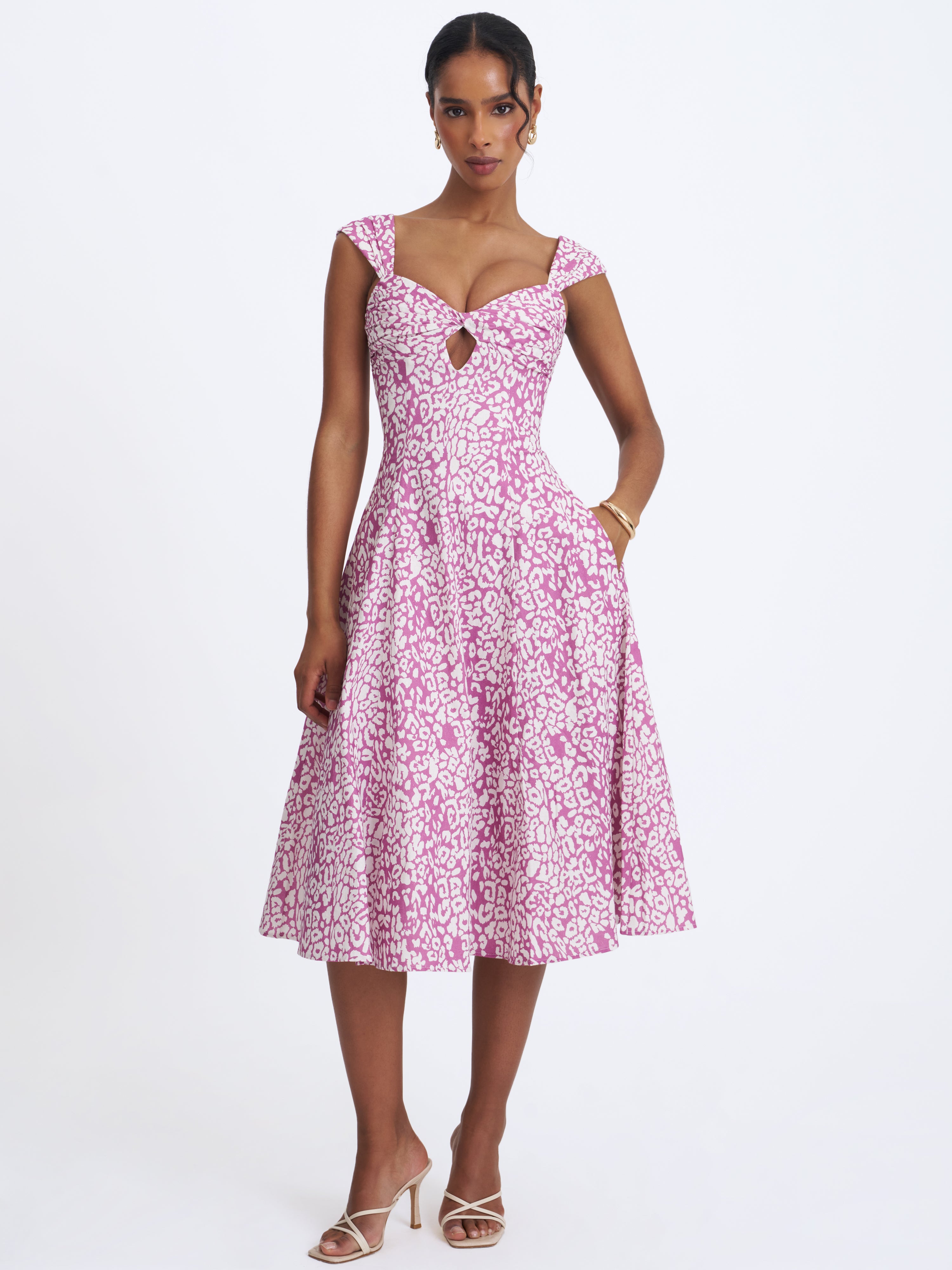 Wynonna Mauve Cheetah Linen Keyhole Midi Dress XS / US 2 Wynonna Mauve Cheetah Linen Keyhole Midi Dress XS / US 2