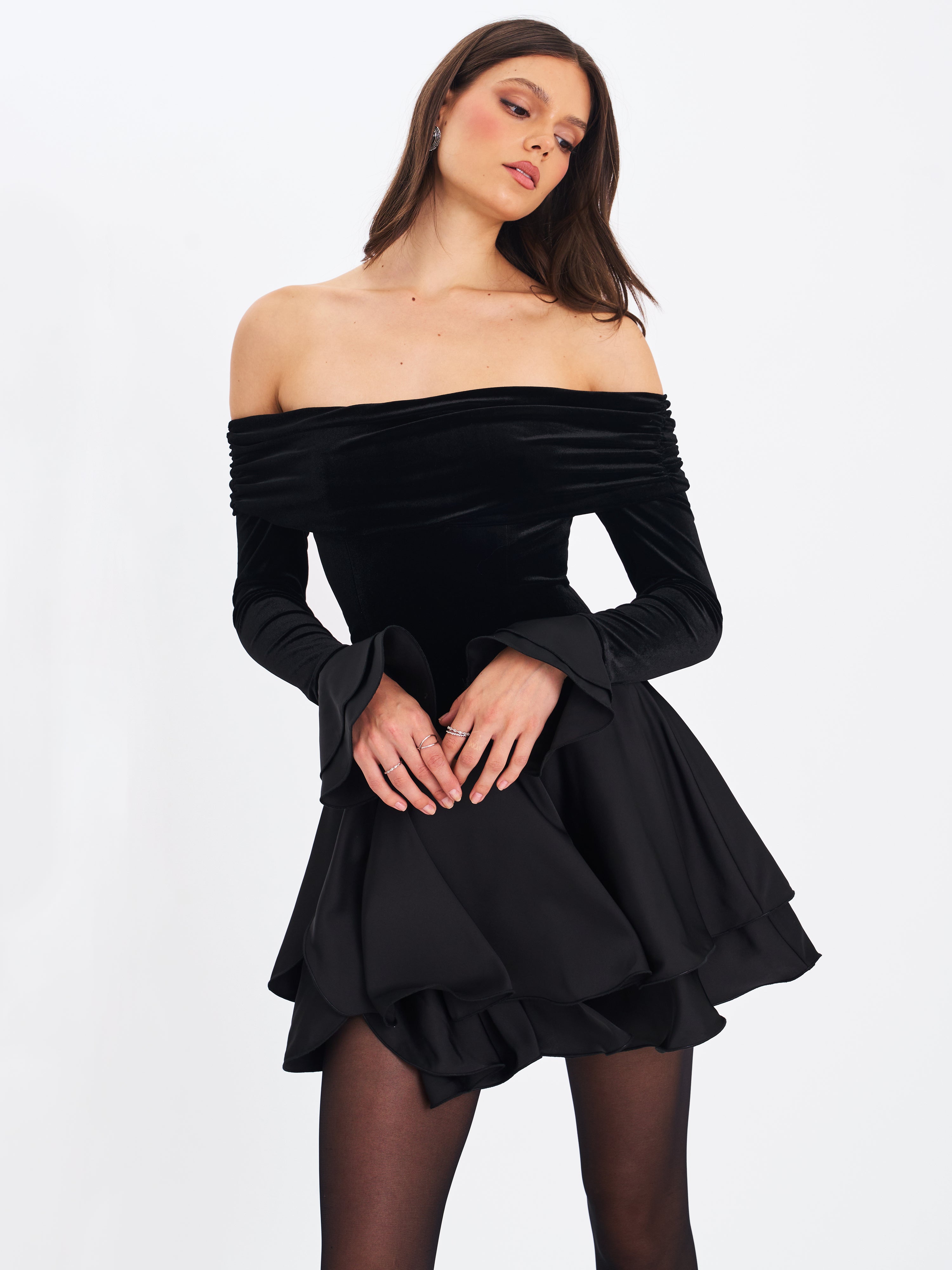 Magnolia Black Off-Shoulder Layered Satin Mini Dress