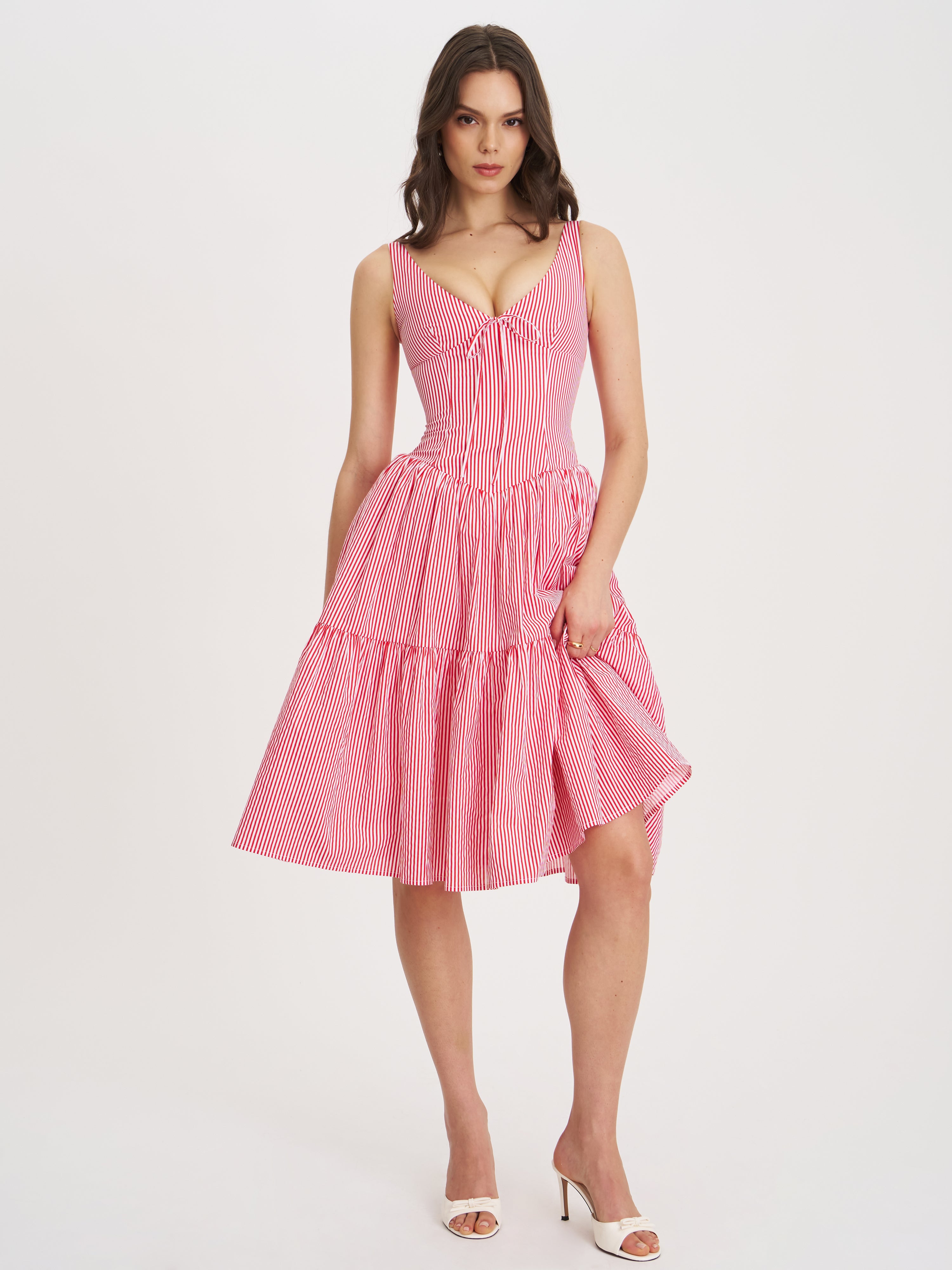 Oceana Red Cotton Stripe Drop Waist Midi Dress