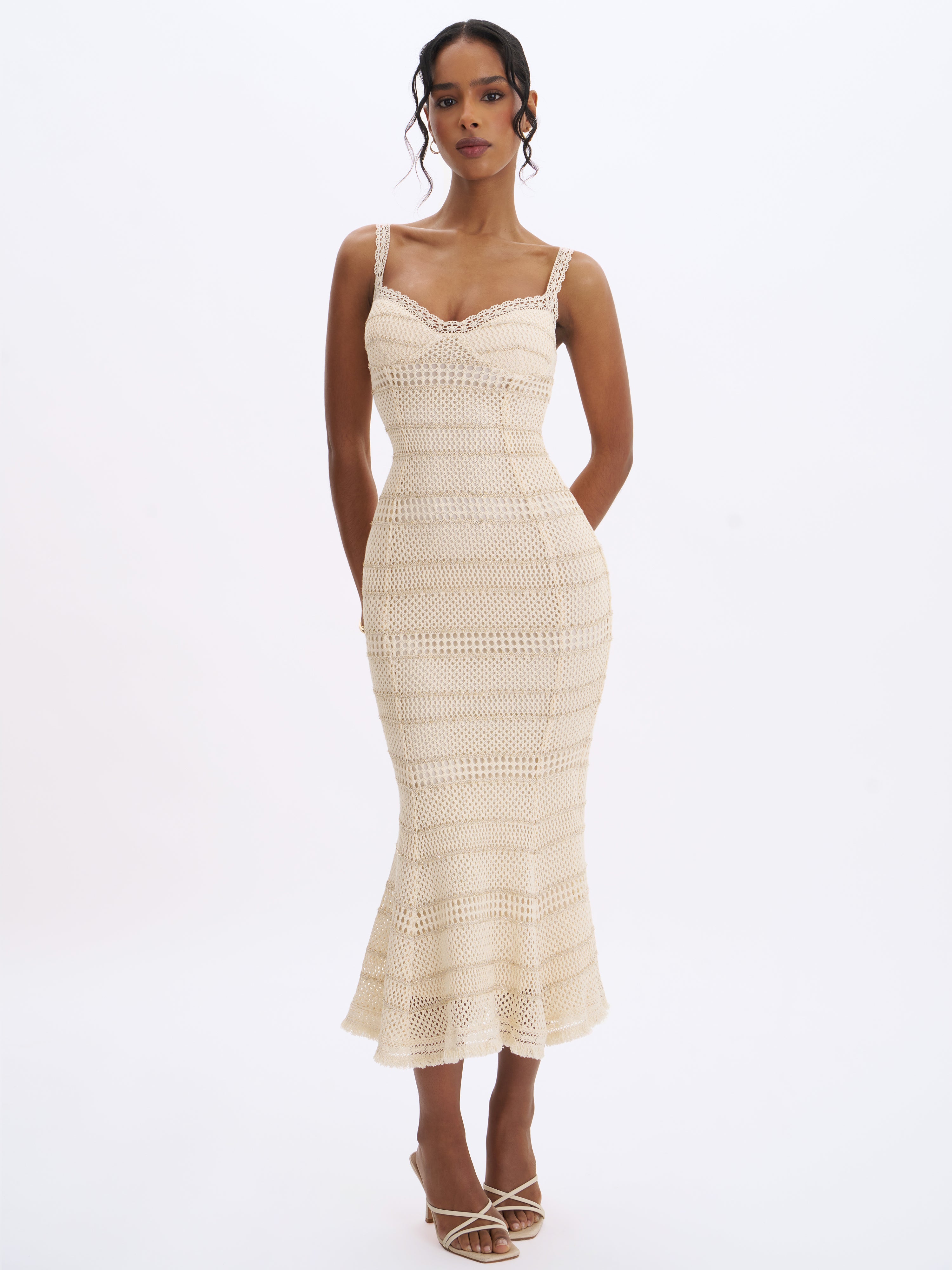 Xiomara Beige & Gold Stripe Crochet Knit Mermaid Midi Dress