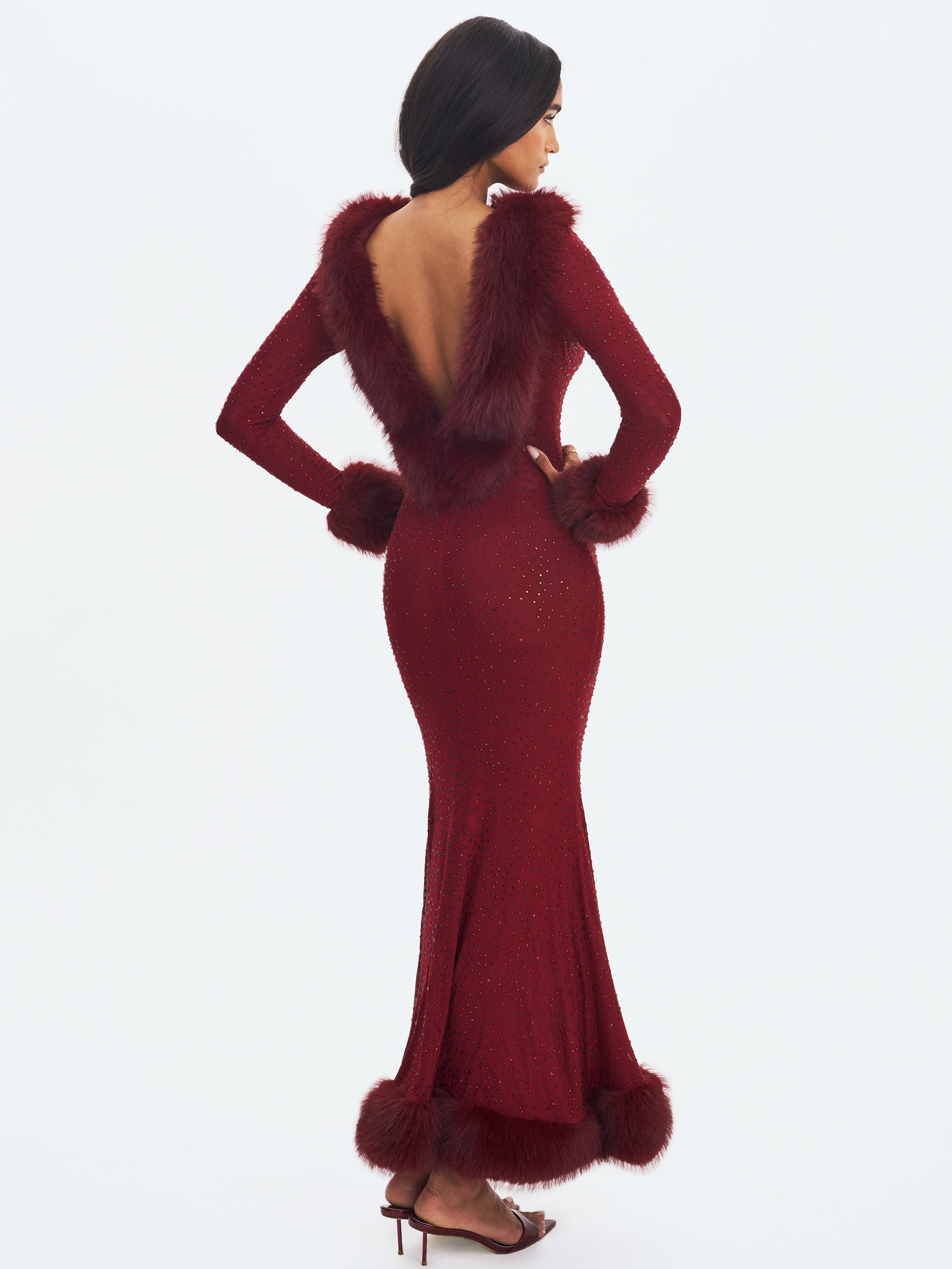 Melrose Burgundy Petite-Length Rhinestone Mesh Low Back Mermaid Dress