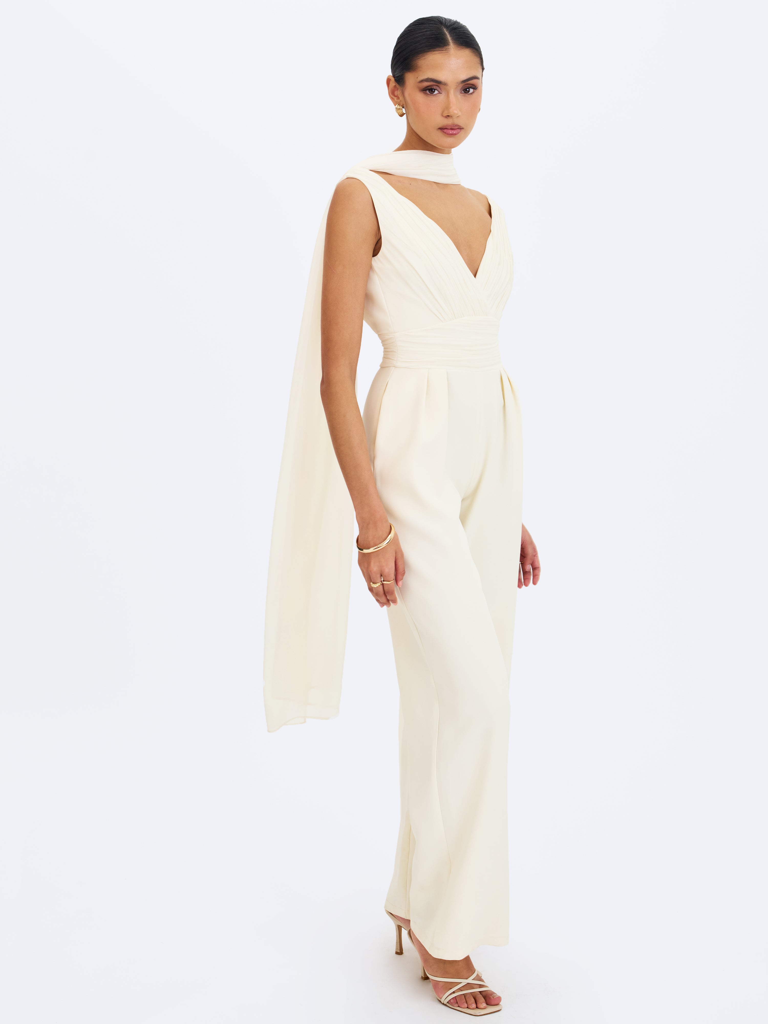 Harper Ivory Ruched V-Neck Jumpsuit with Scarf