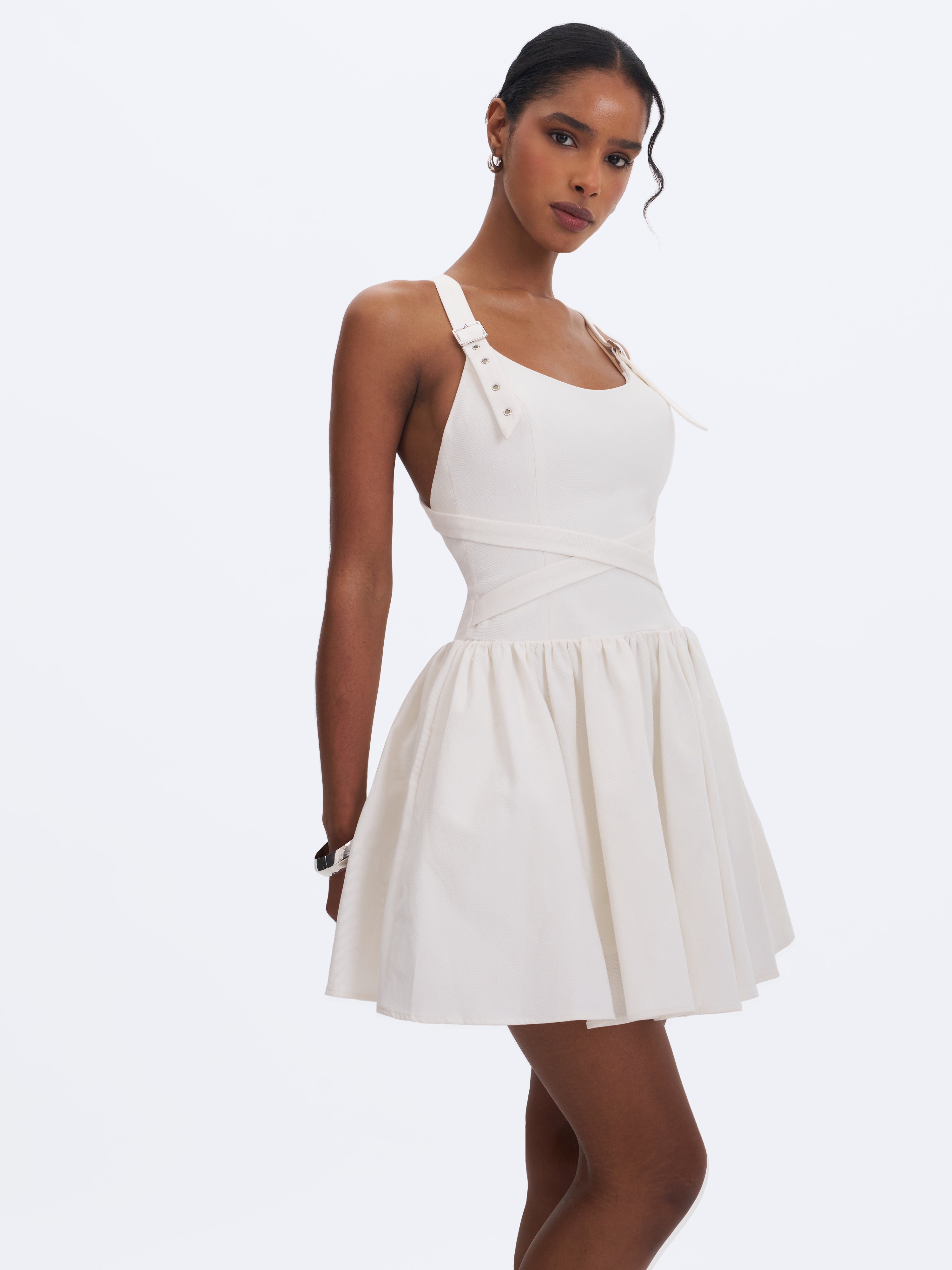 Francine White Cotton Denim Crossover Strap Mini Dress