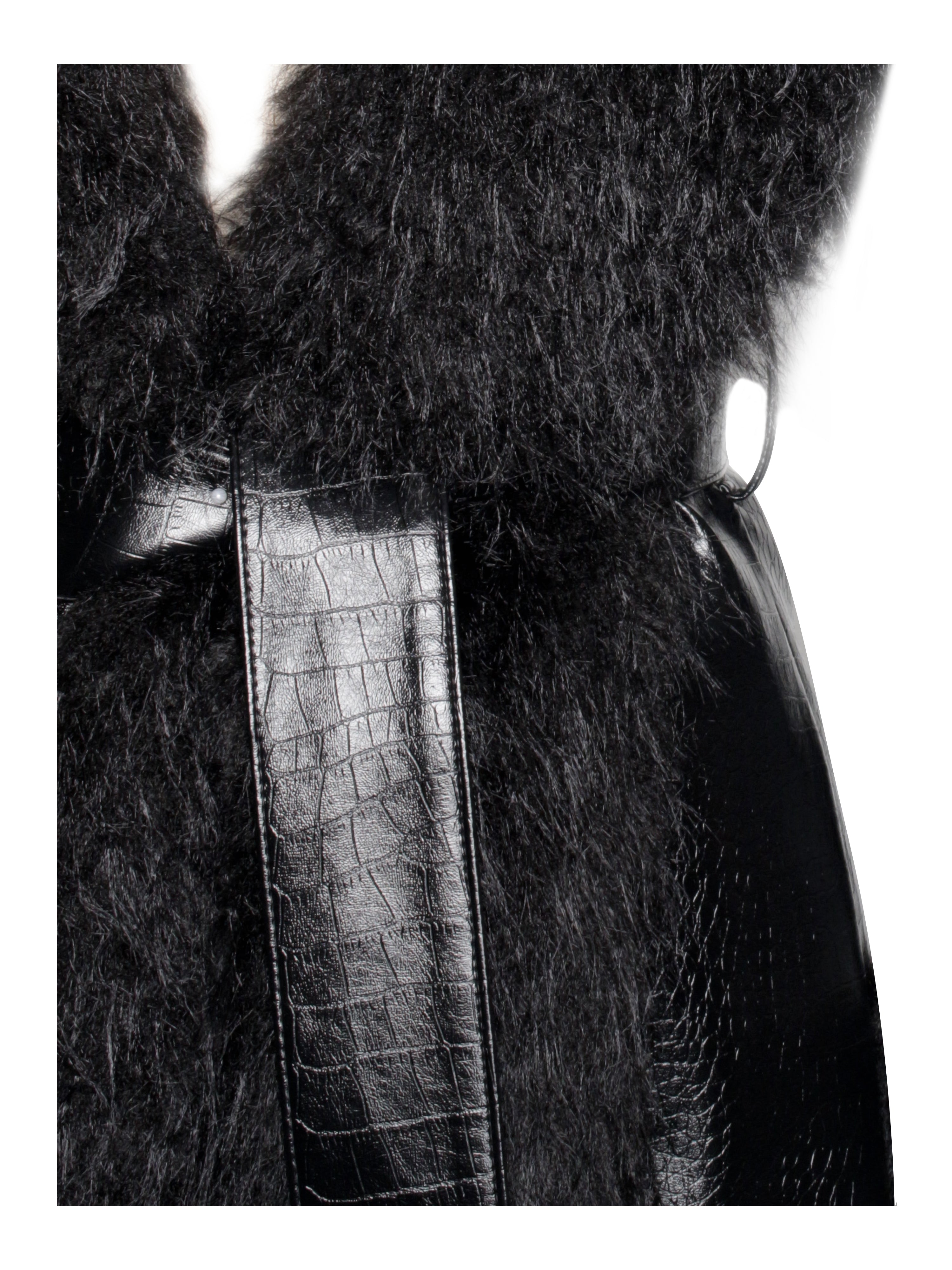 Zella Black Fur Trim Vegan Croc Leather Coat