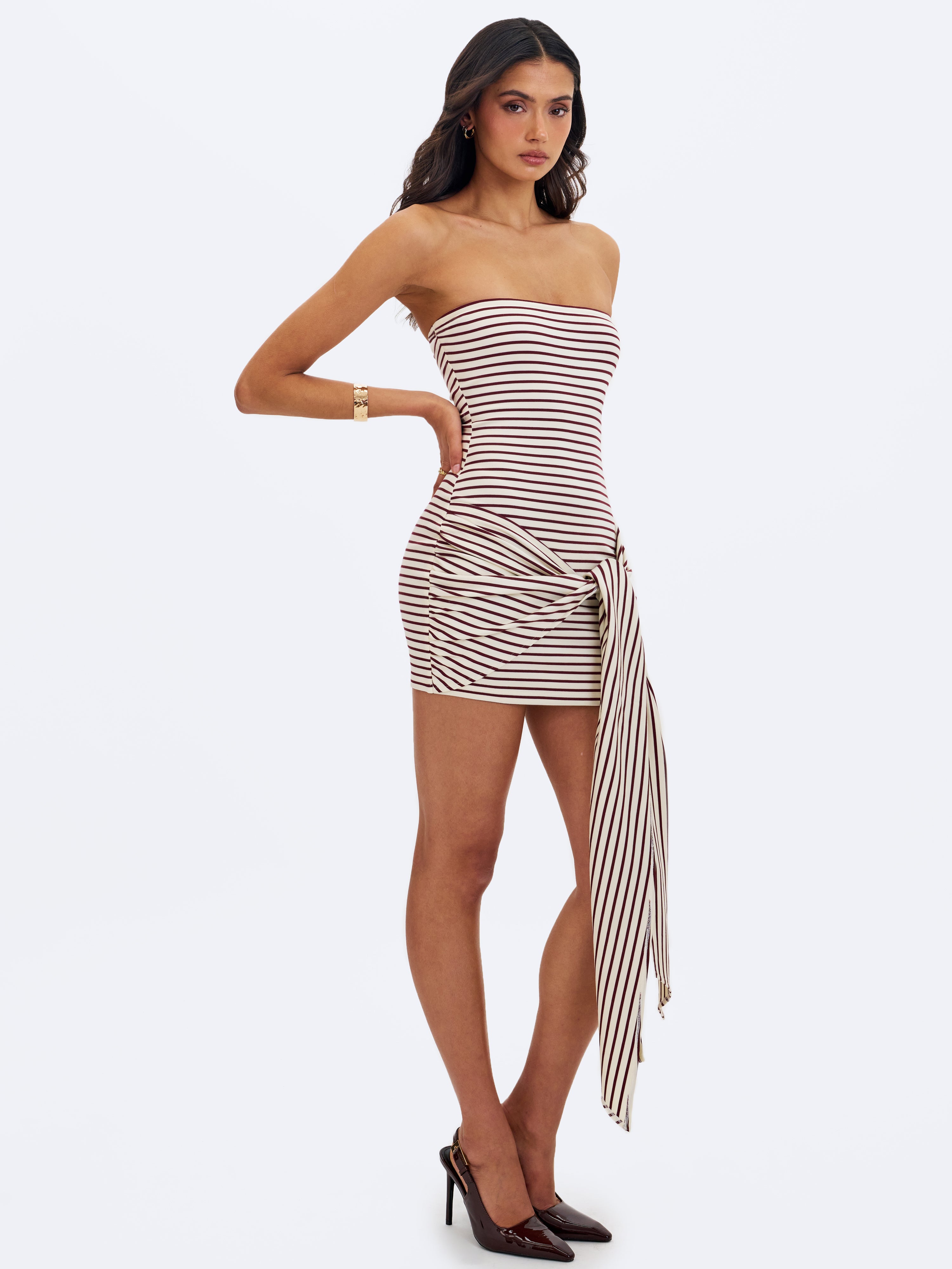 Tommie Ivory & Burgundy Lyocell Jersey Tie Strap Mini Dress