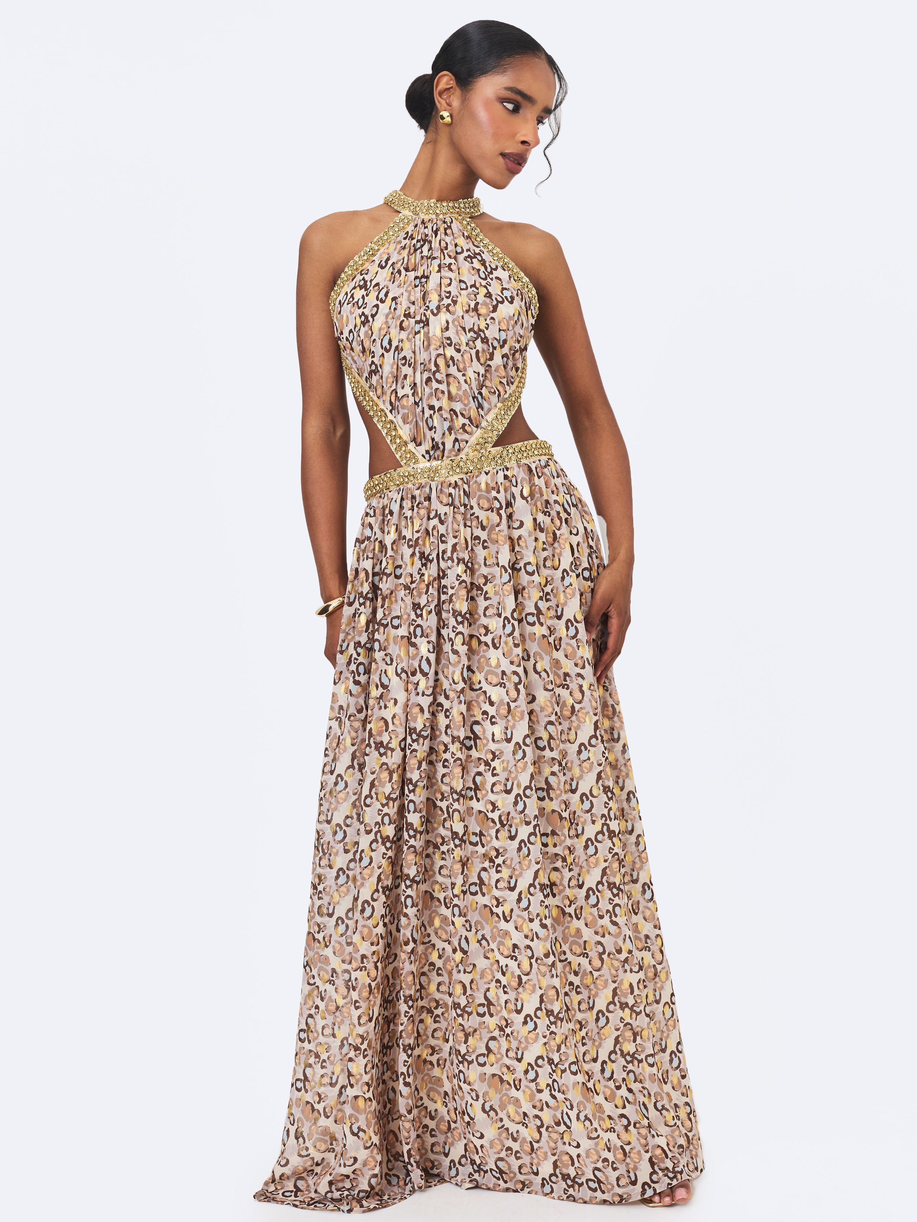Quinnlyn Beige Cheetah Print Chiffon Halter Maxi Dress