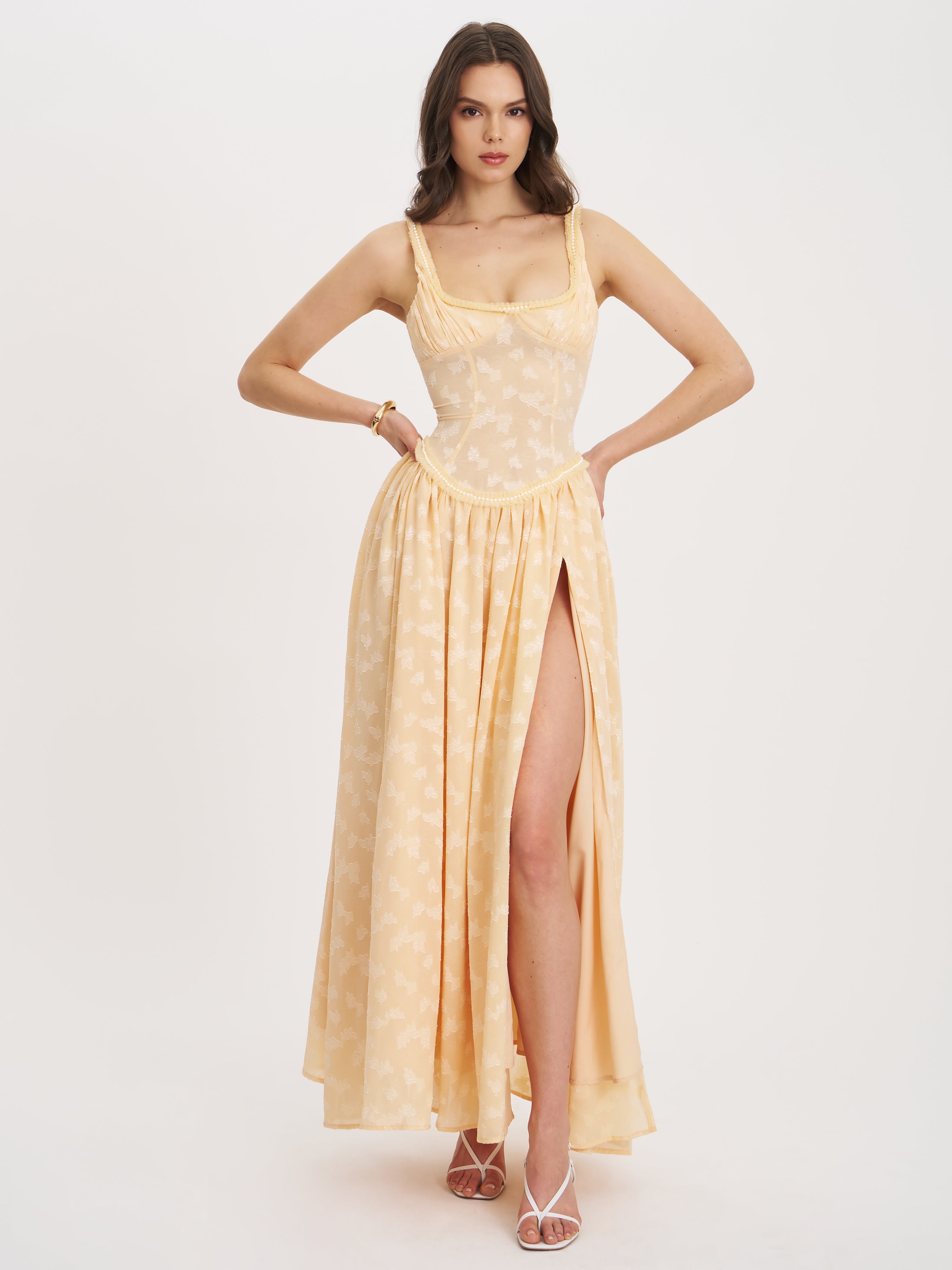 Ulissa Orange Square Neck Jacquard Textured High Slit Maxi Dress