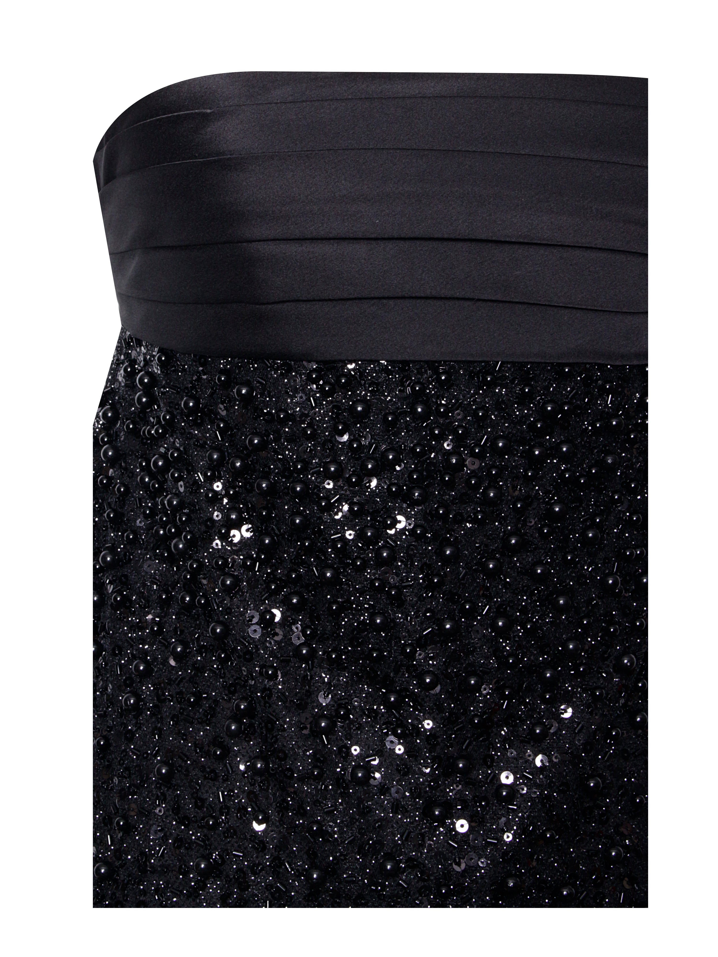 Felina Black Satin Sequin Pearls Beaded Mini Dress