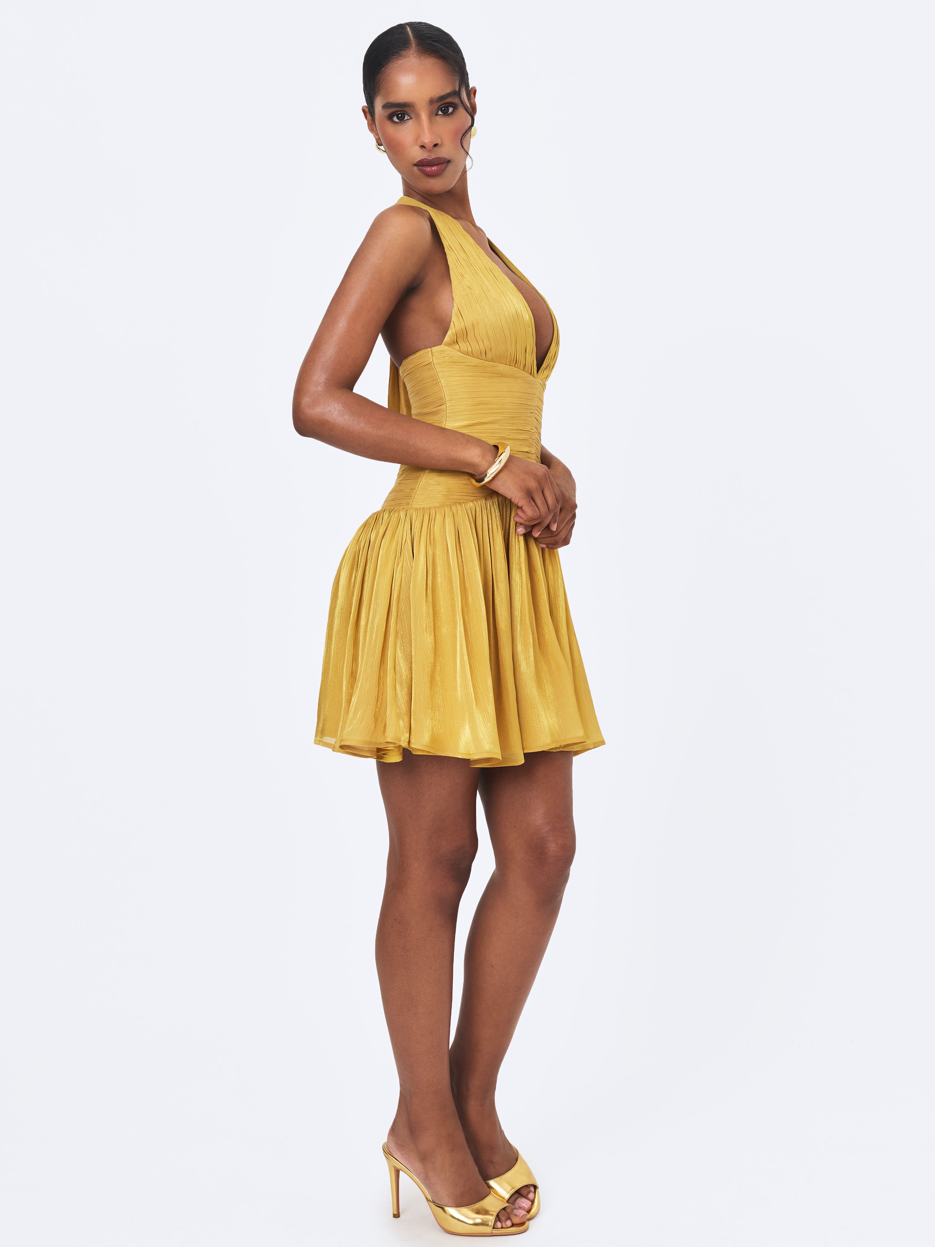 Xavia Gold Crystal Organza Plunging Halter Mini Dress