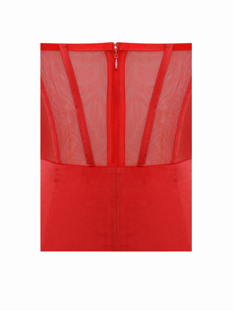 Talia Red Satin Lace Corset Maxi Dress