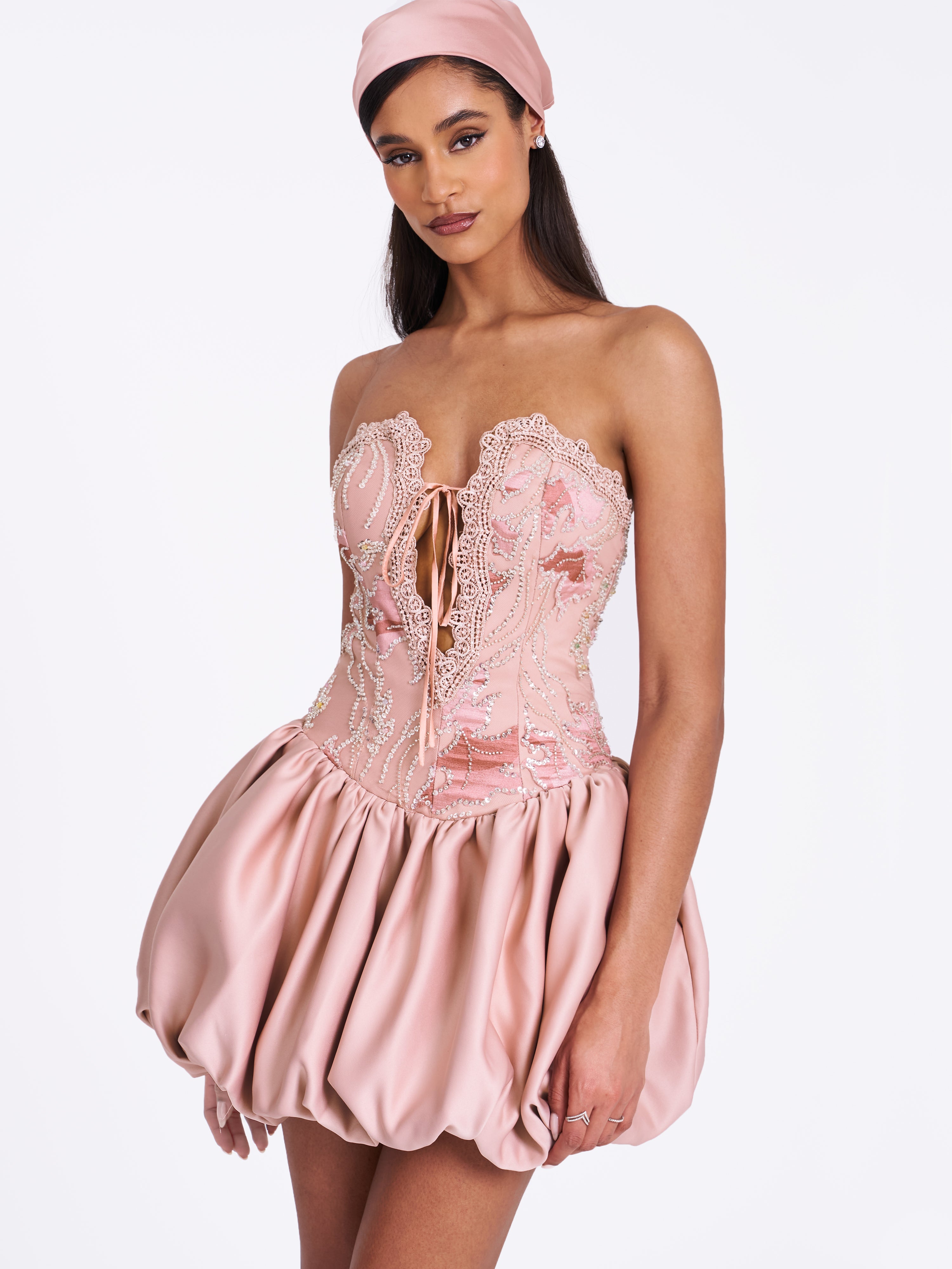 Palesa Pink Ballet Style Embroidered Bubble Hem Mini Dress