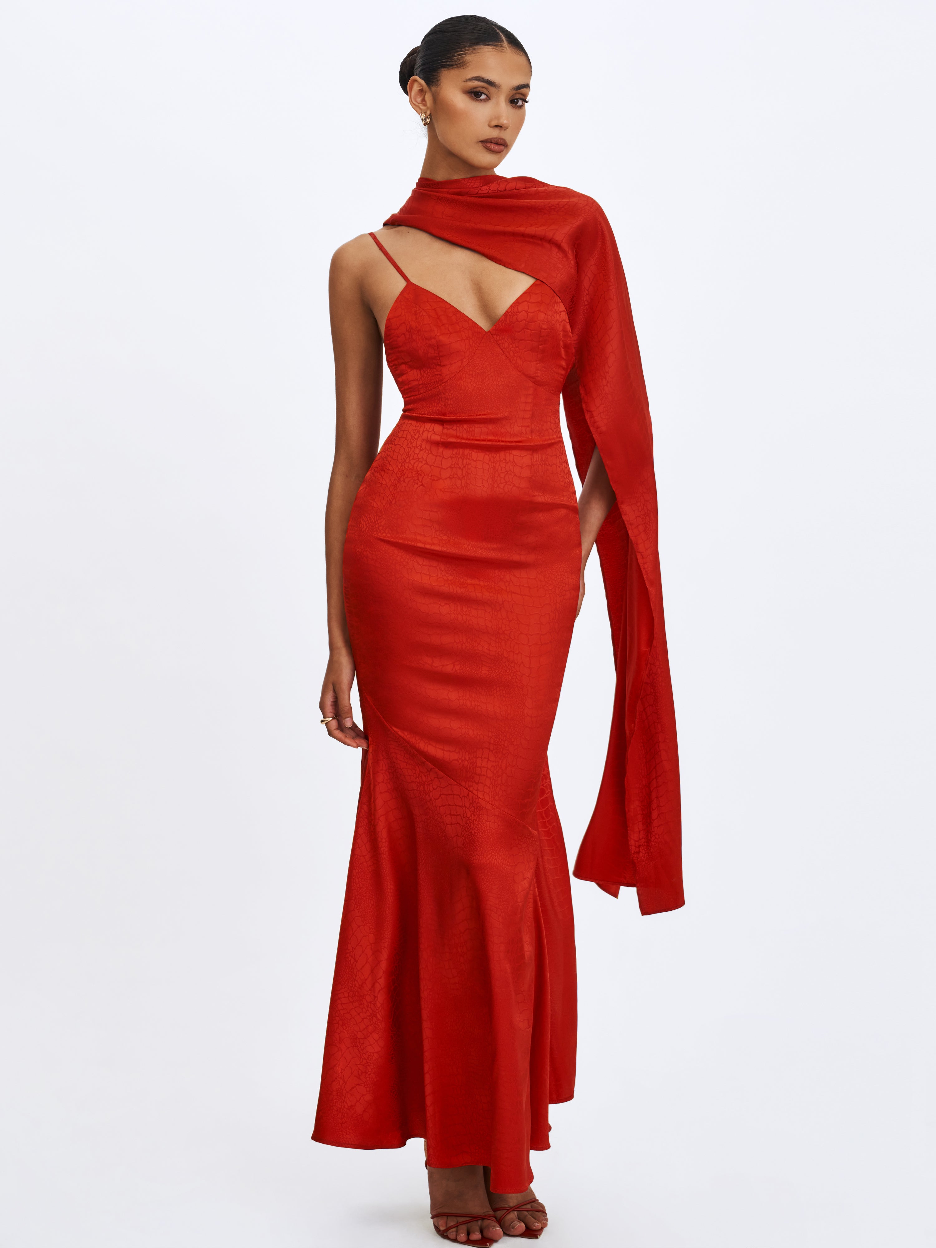 Kelsey Scarlet Croc-Embossed Flared Hem Maxi Dress with Scarf