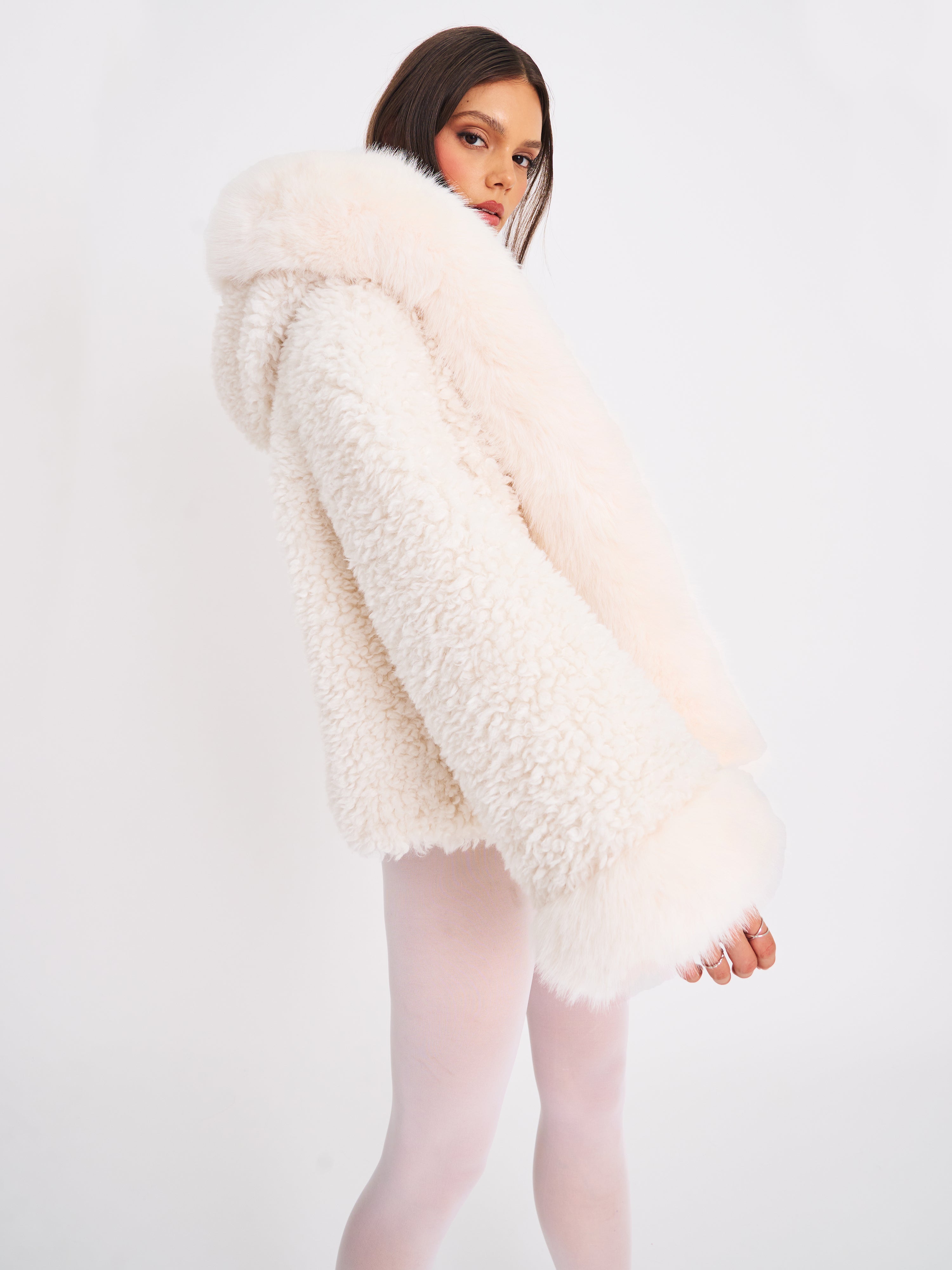 Jumbo Kali White Vegan Shearling Fur Trimmed Coat