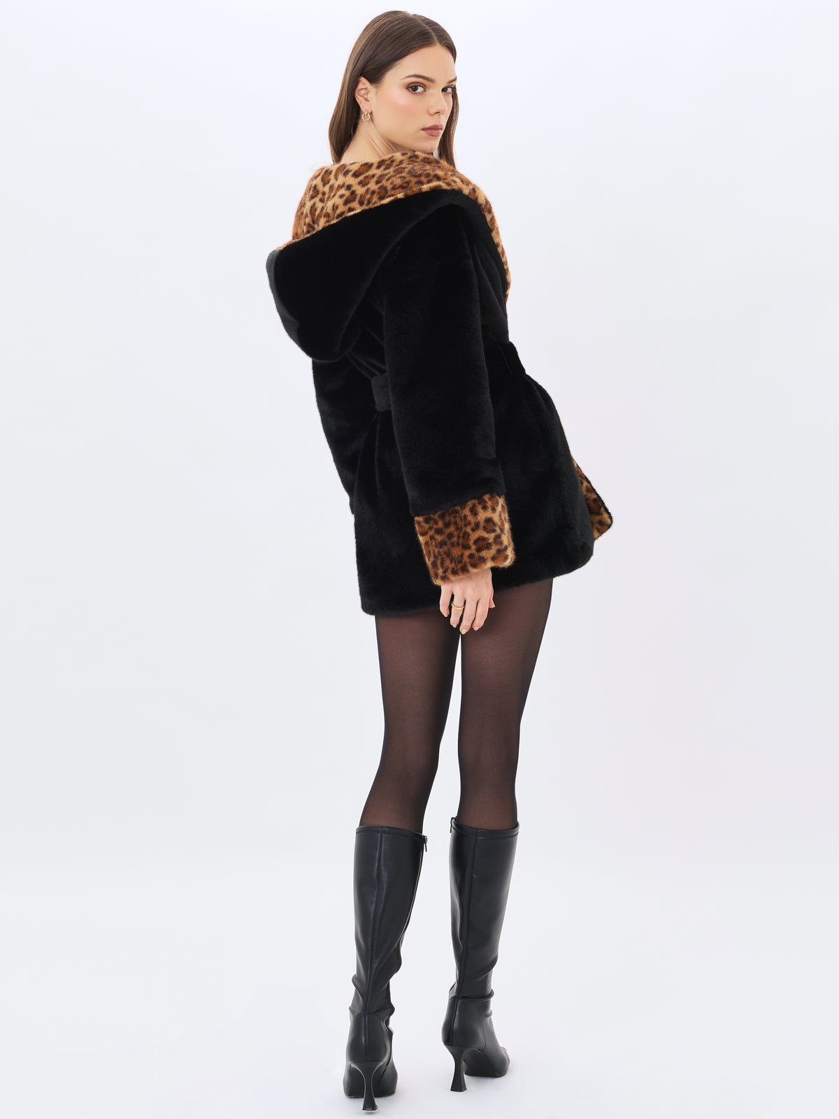 Bianca Black Faux Fur Cheetah Print Oversized Hood Mini Coat