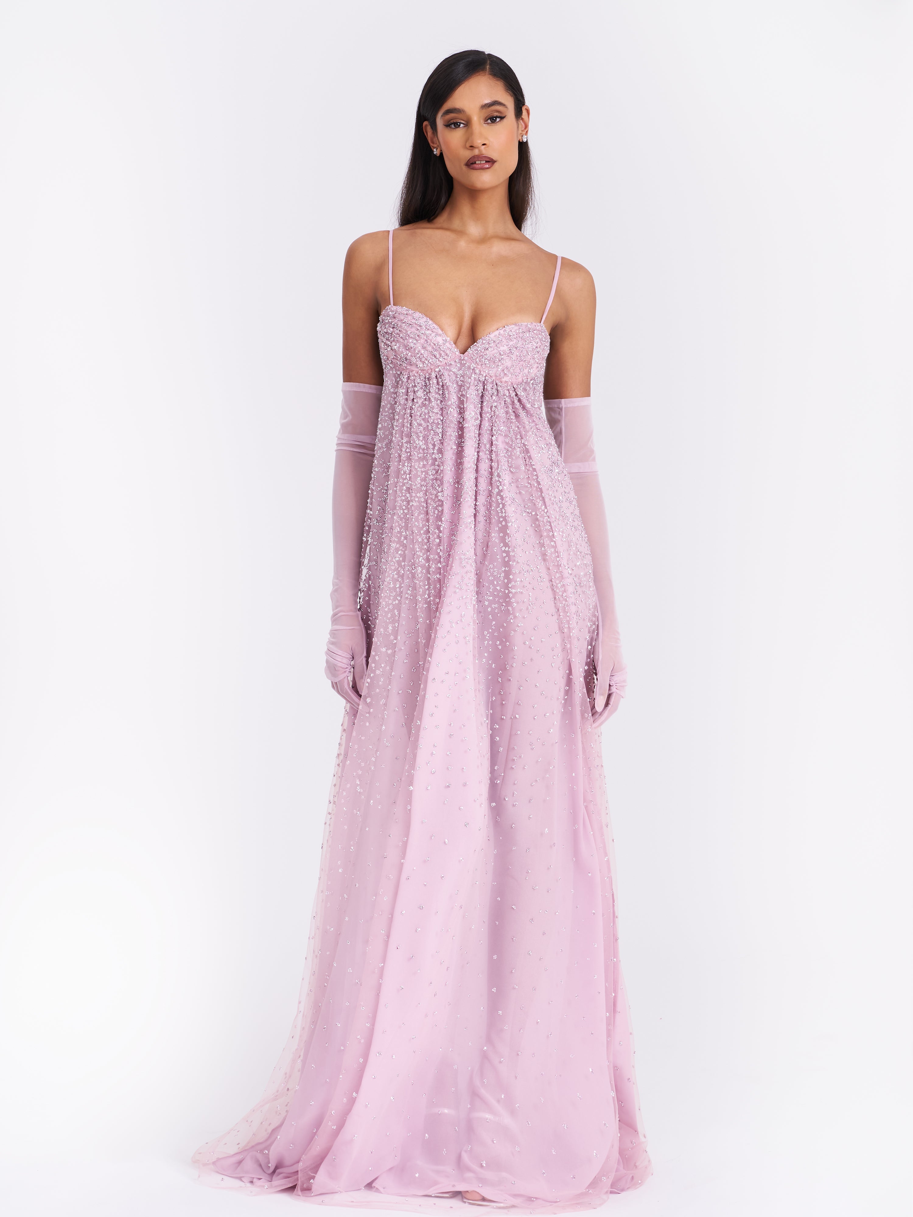 Wallie Pink Rhinestone Embellished Mesh Backless Gown