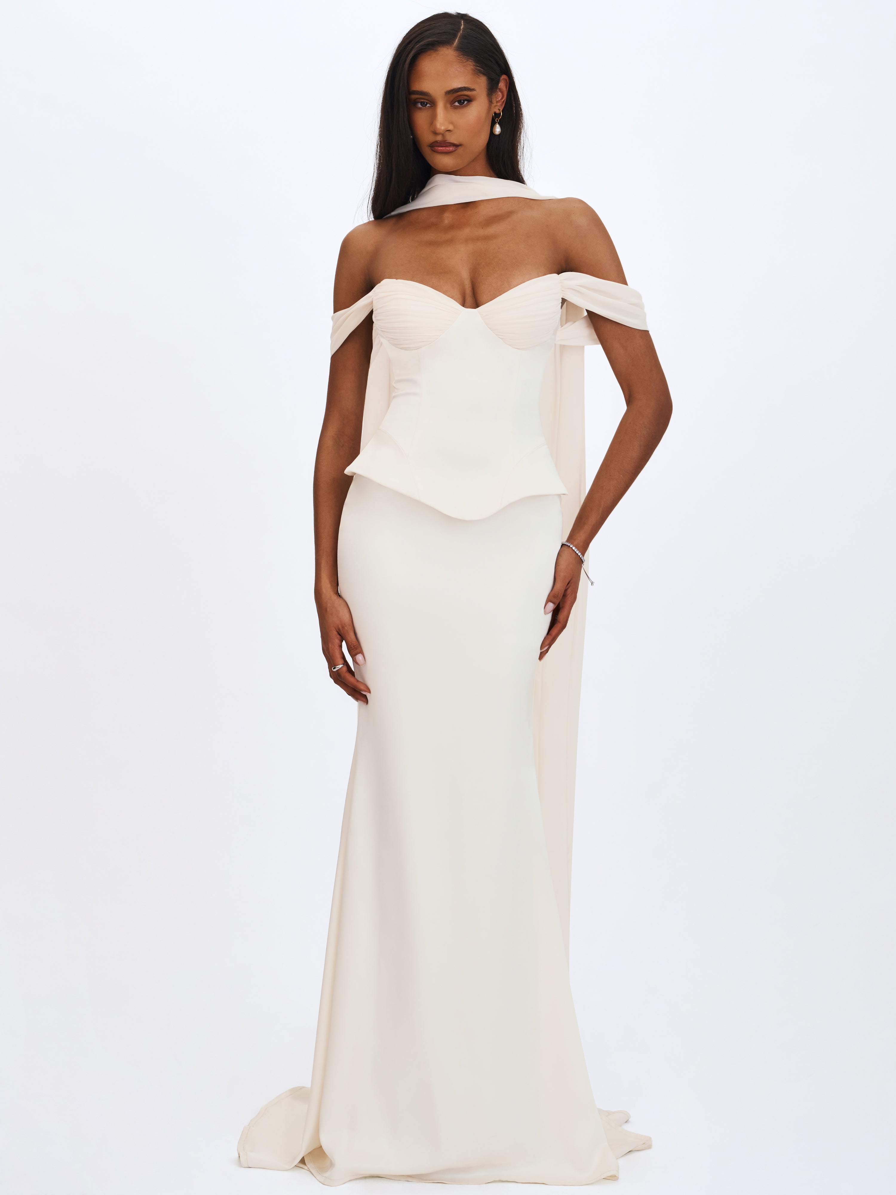 Jessalyn Ivory Sweetheart Peplum Mermaid Wedding Dress with Chiffon Scarf (PREORDER)