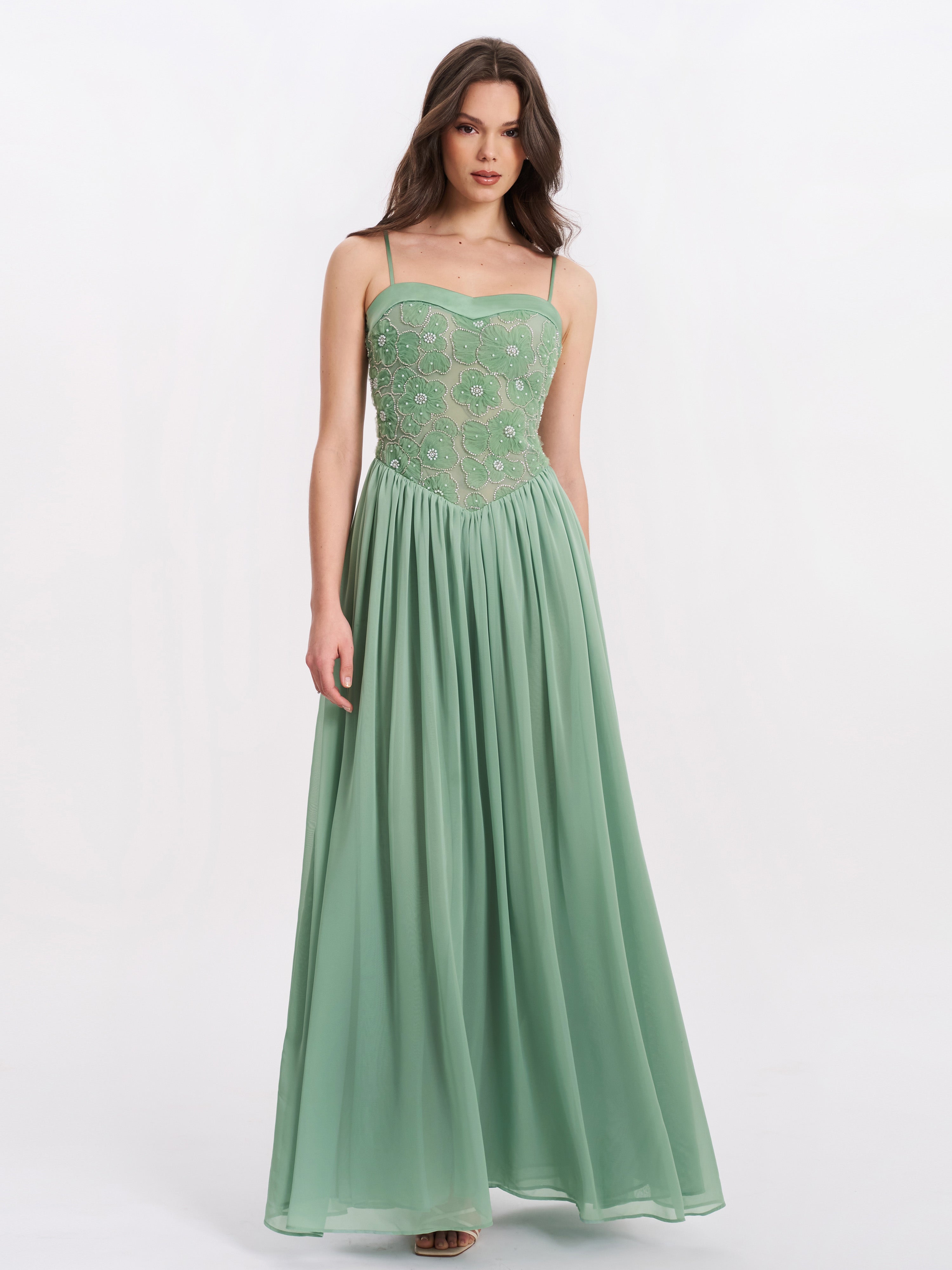 Ucille Sage Green Embroidered Chiffon Maxi Dress