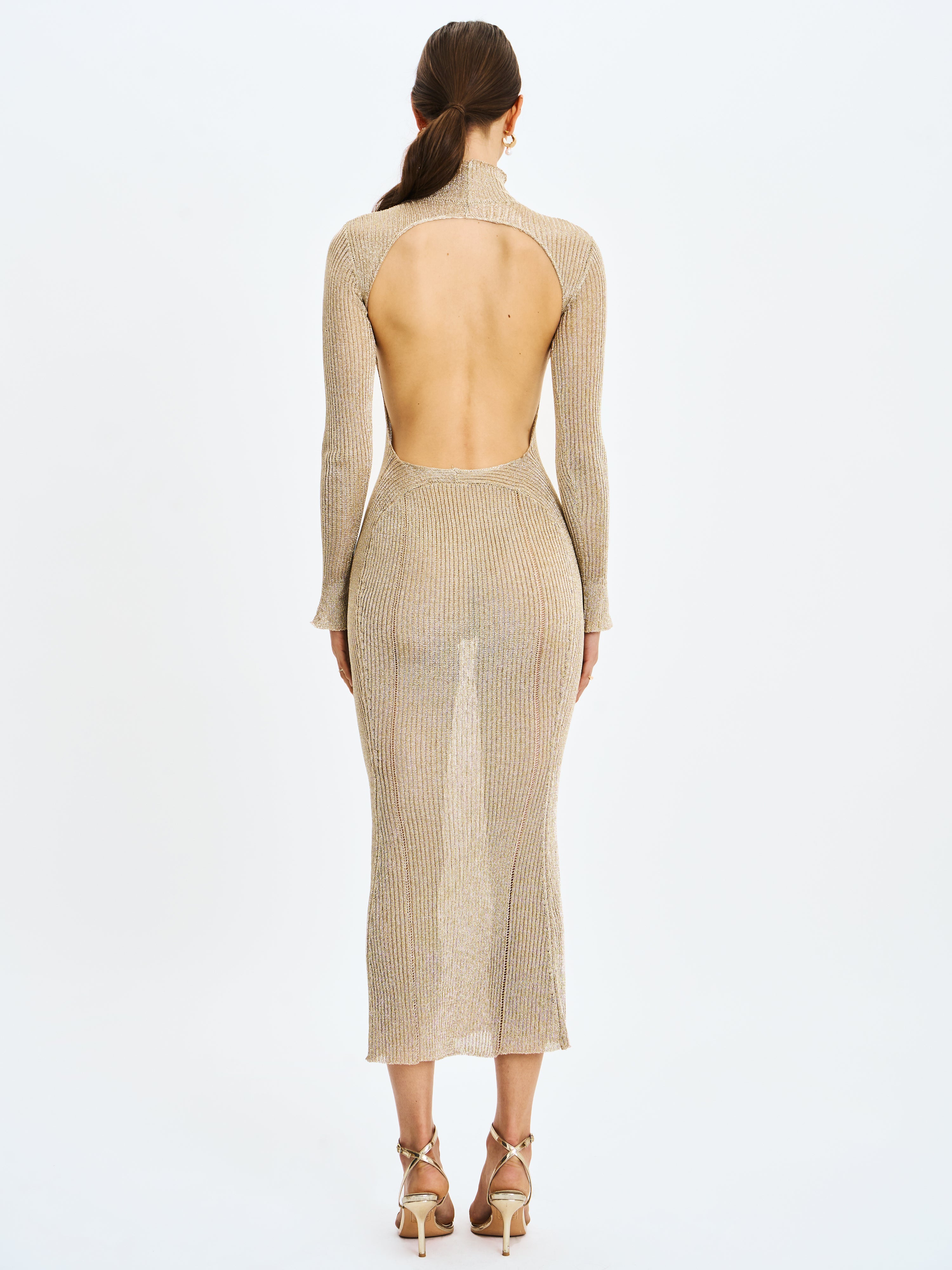 Shay Gold Stretch Knit Backless Long Sleeve Maxi Dress