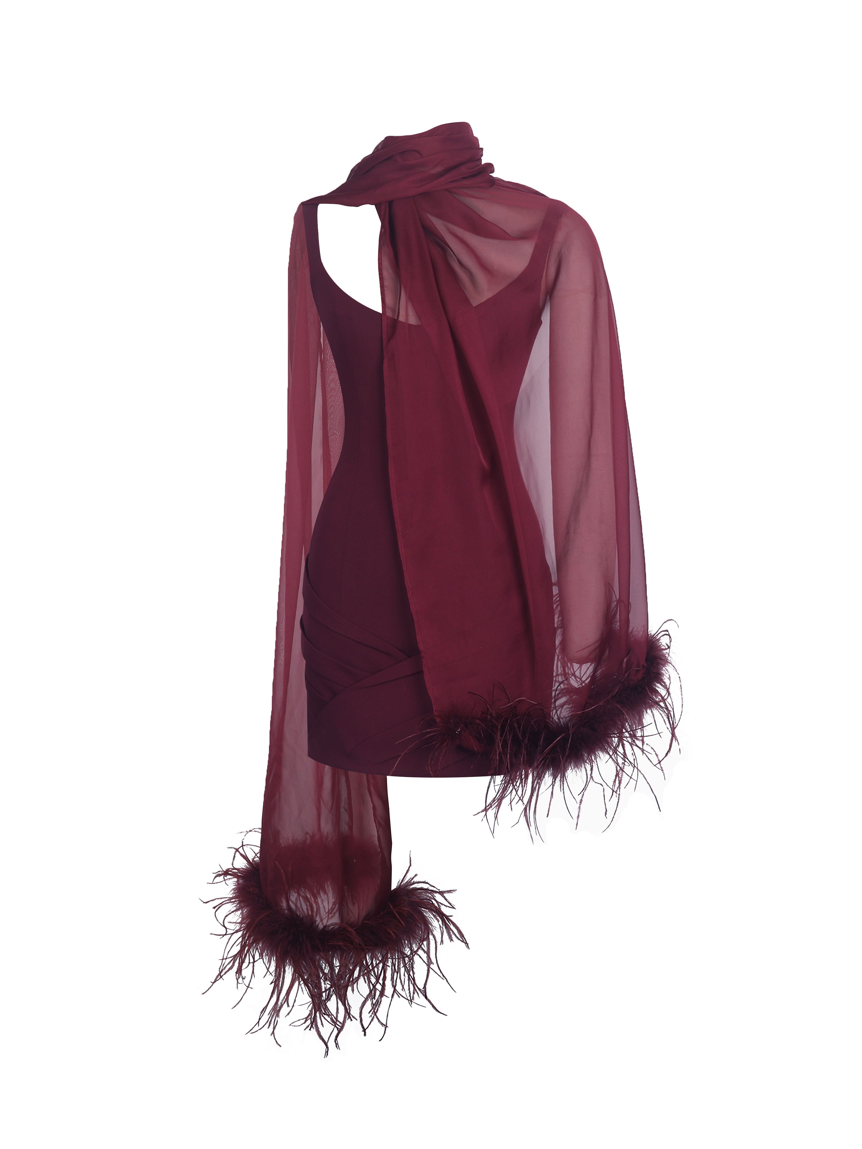 Tori Wine Red Pleated Mini Dress with Chiffon Scarf
