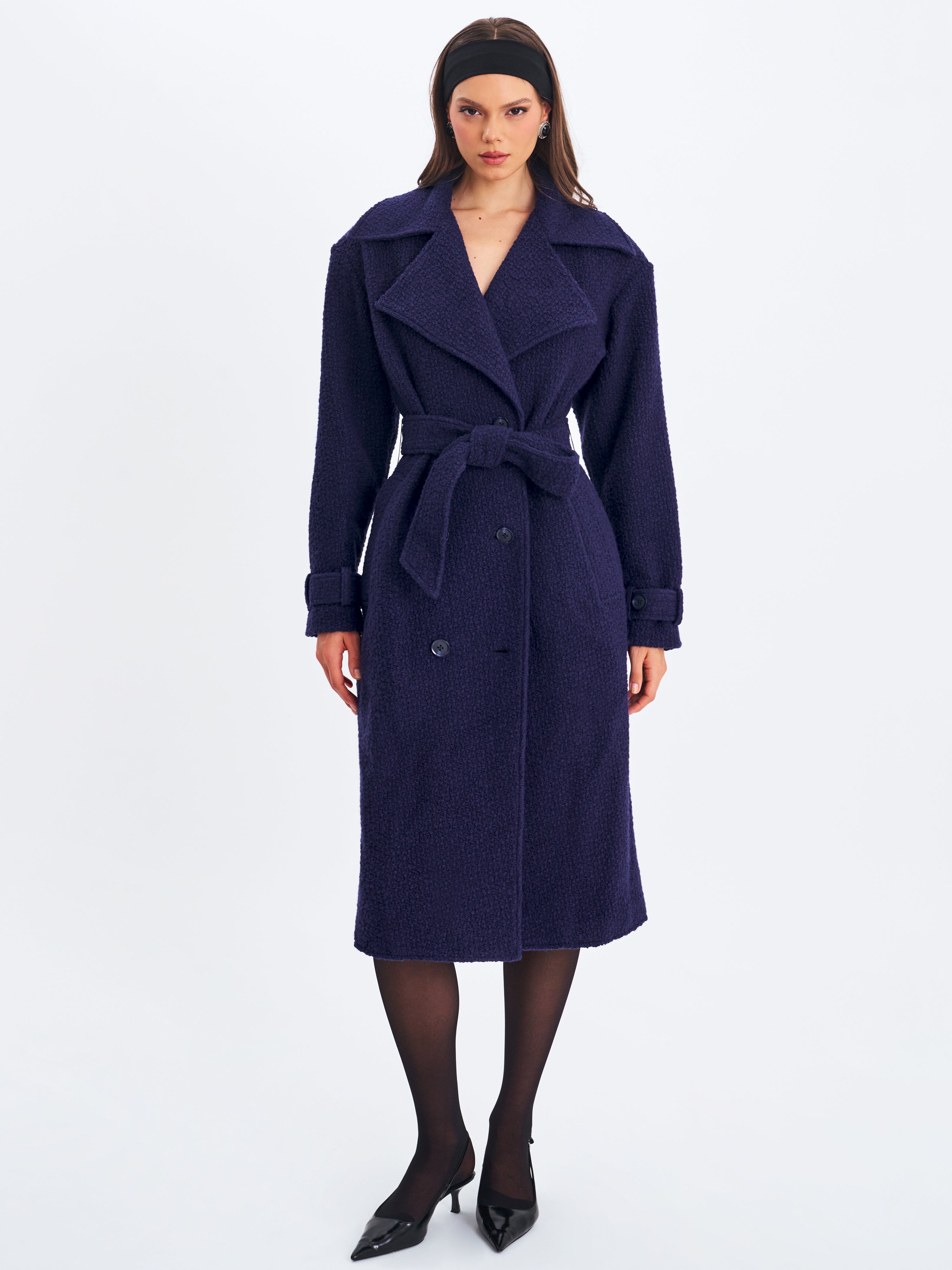Jaelyn Midnight Blue Wool Blend Double-Breasted Belted Coat