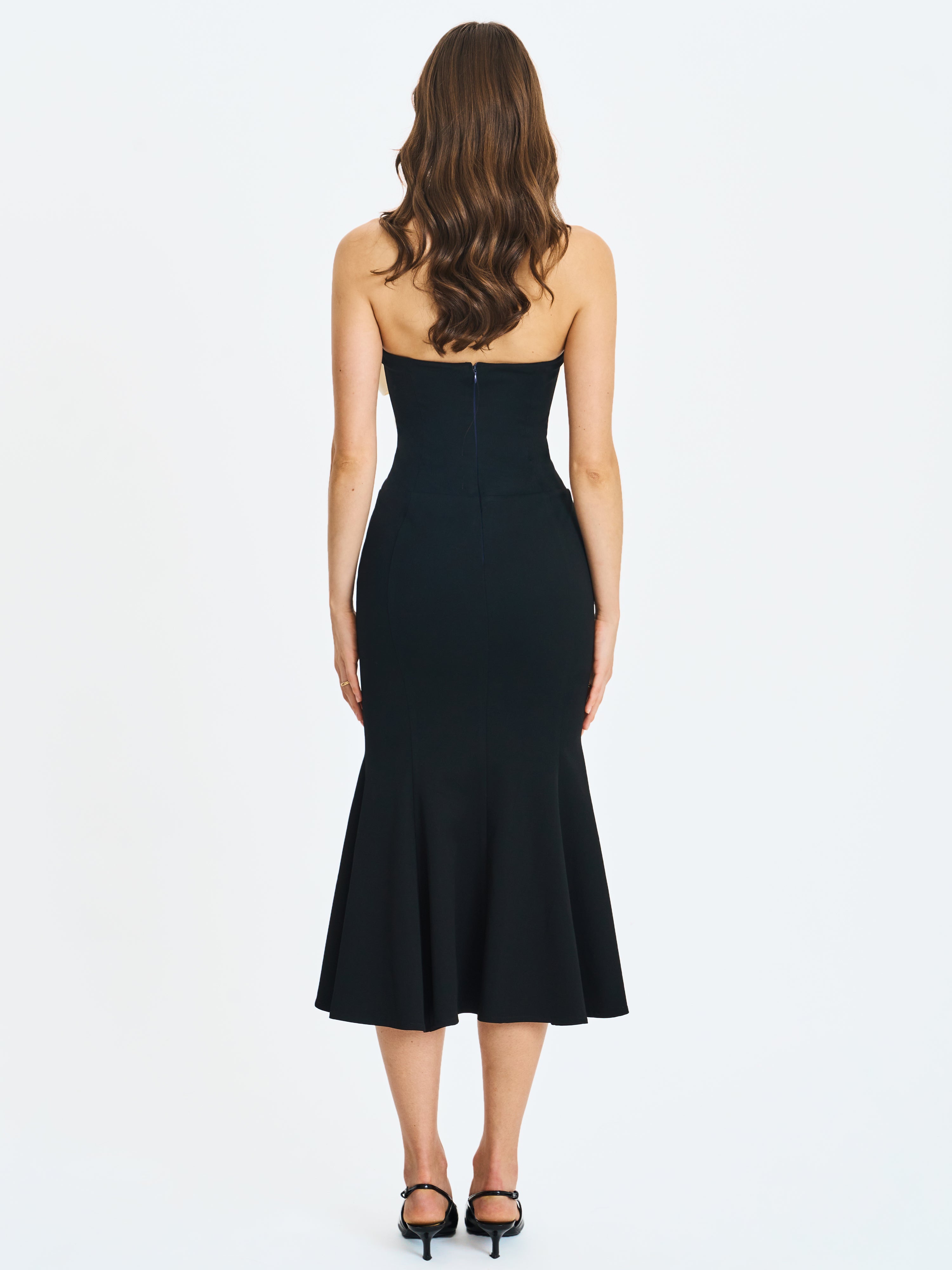 Saige Black Mermaid Maxi Dress with Ivory Bow Bustline